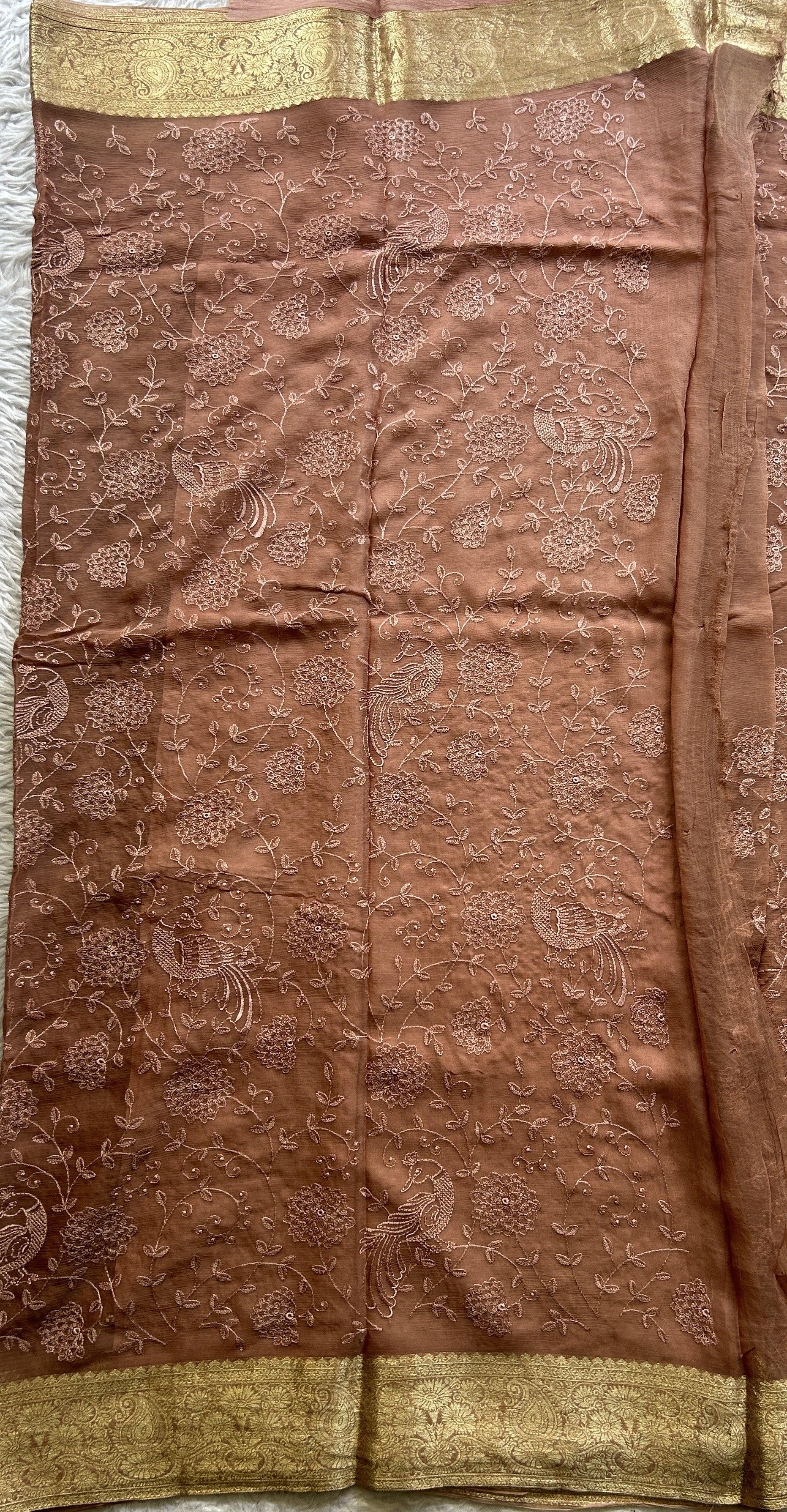 Semi Georgette Saree Light Brown Colored Elegantly Paired with a Zari Border. - Sampradaya Designer Studio