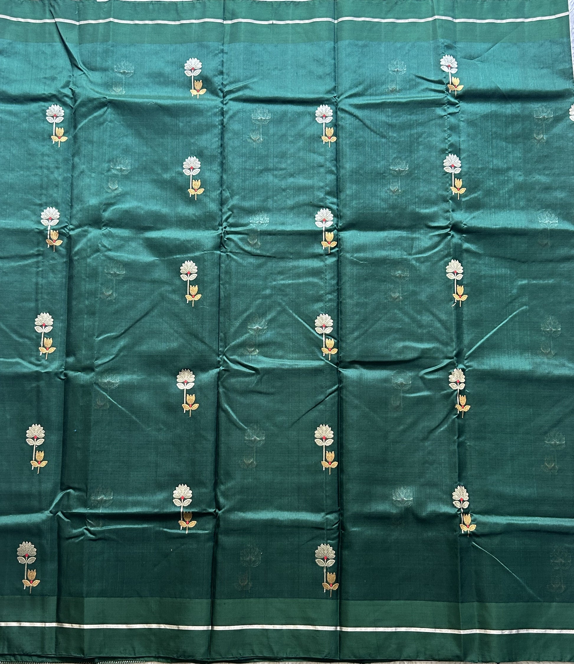 Chanderi silk Saree Paisley Green color Elegantly Paired with a Silver Zari Border - Sampradaya Designer Studio