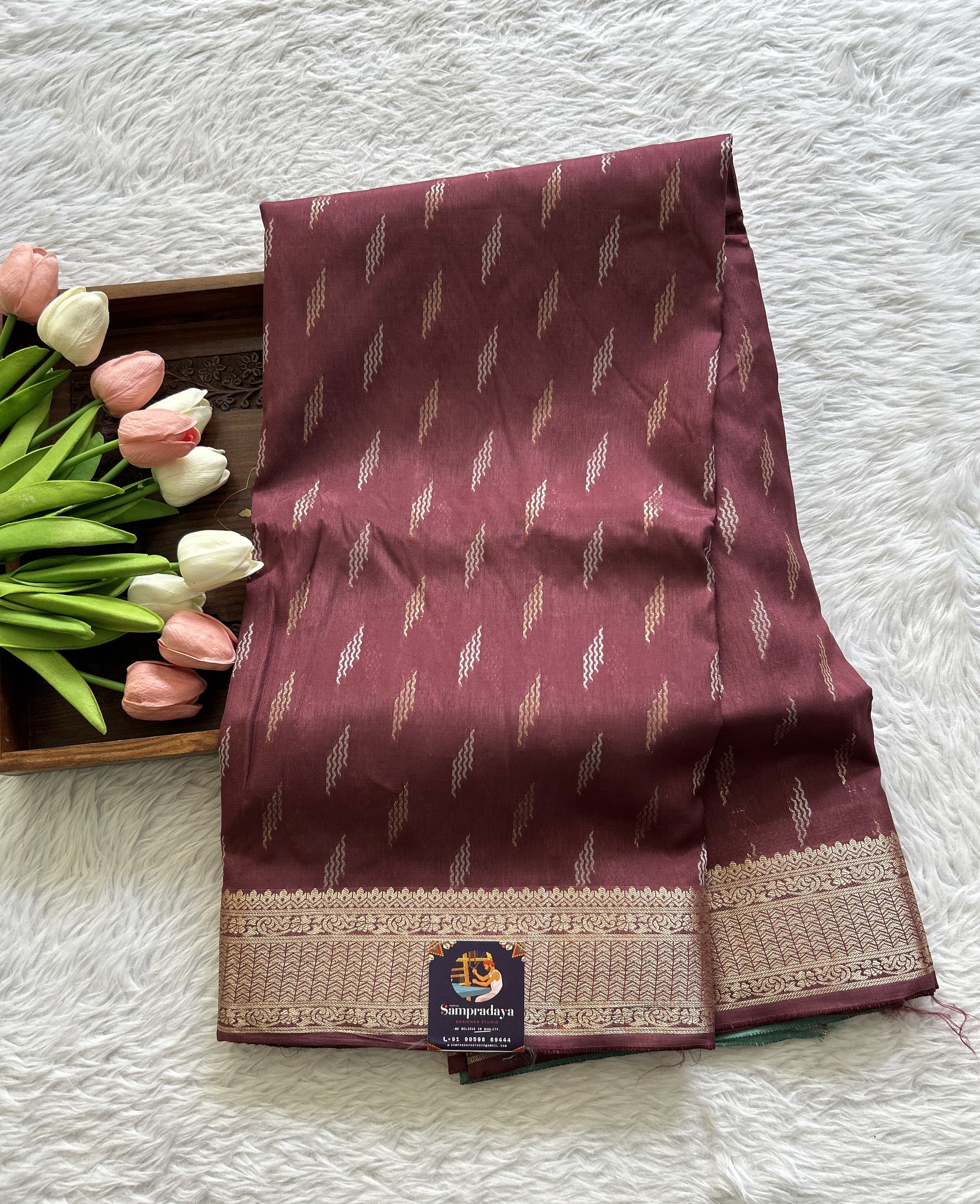 Semi Georgette Saree Burgundy Colored Complemented with a Zari Border. - Sampradaya Designer Studio