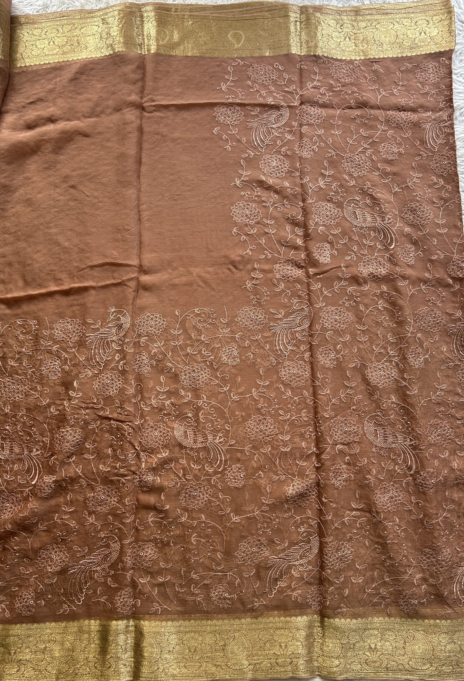 Semi Georgette Saree Light Brown Colored Elegantly Paired with a Zari Border. - Sampradaya Designer Studio