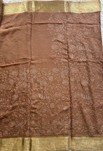 Semi Georgette Saree Light Brown Colored Elegantly Paired with a Zari Border. - Sampradaya Designer Studio