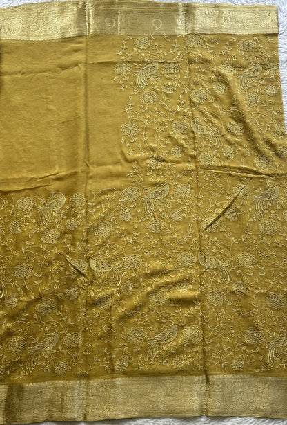 Semi Georgette Saree Canary Colored Elegantly Paired with a Zari Border. - Sampradaya Designer Studio