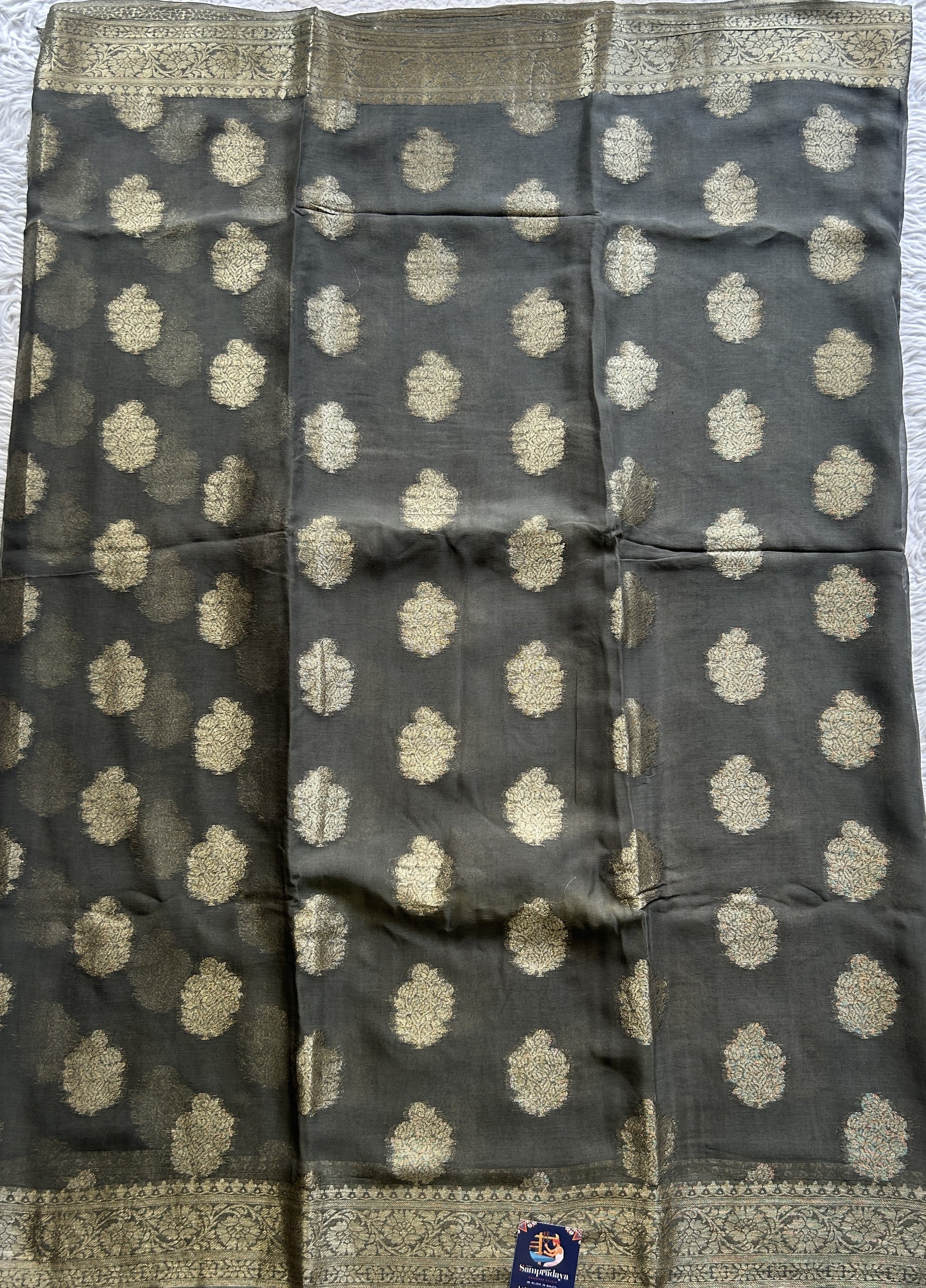 Semi Georgette Saree Elephant Gray Colored Elegantly Paired with a Zari Border. - Sampradaya Designer Studio