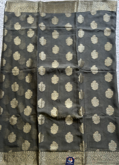 Semi Georgette Saree Elephant Gray Colored Elegantly Paired with a Zari Border. - Sampradaya Designer Studio