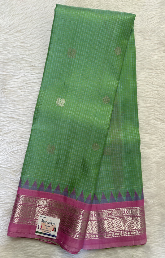 Gadwal Pattu Saree Green Colored Complemented With a Pattu Baby Pink Color Kanchi Border - Sampradaya Designer Studio