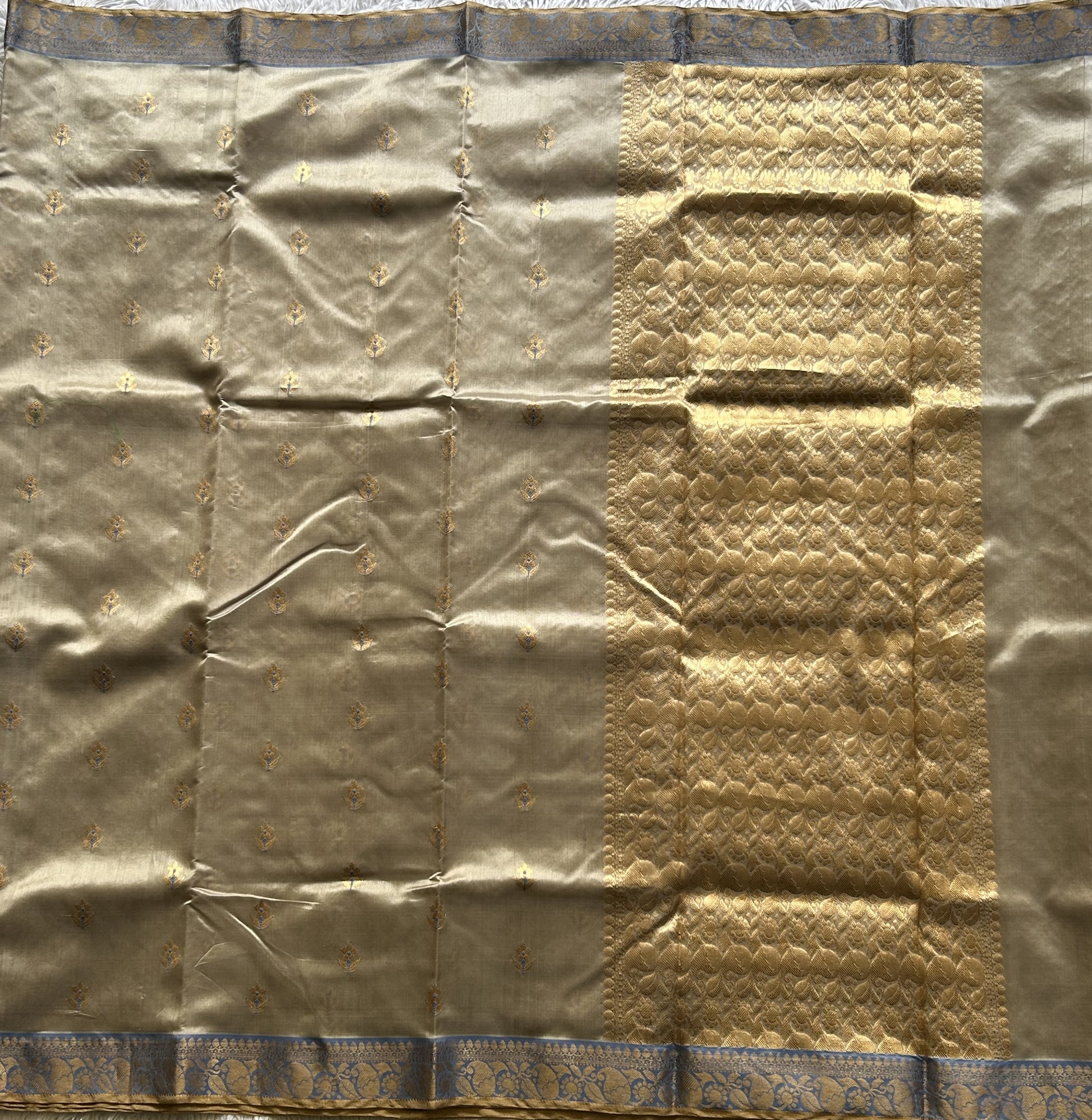 Chanderi Silk Saree Light Beige color Elegantly Paired with a Gold Zari Border - Sampradaya Designer Studio