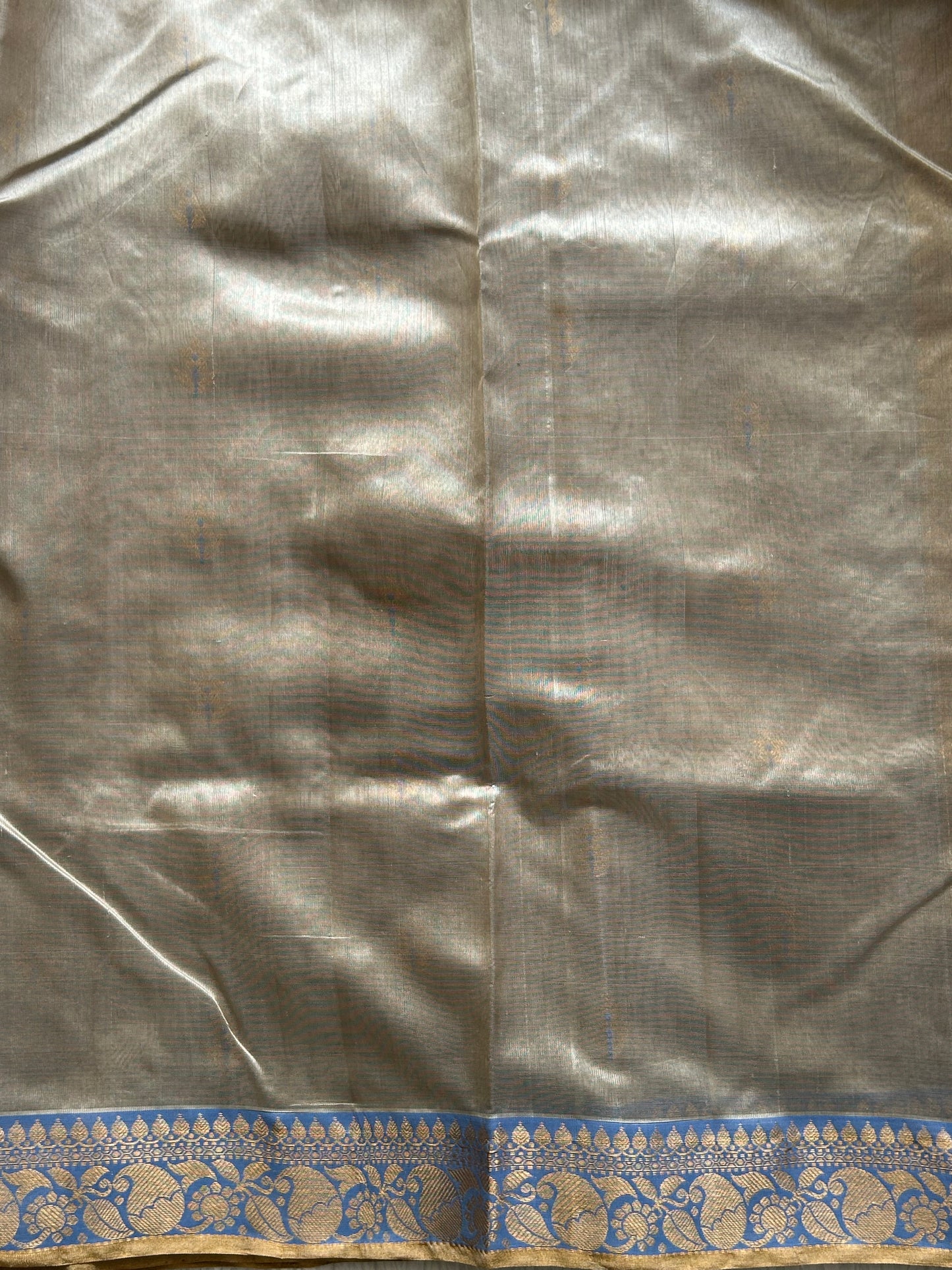 Chanderi Silk Saree Light Beige color Elegantly Paired with a Gold Zari Border - Sampradaya Designer Studio