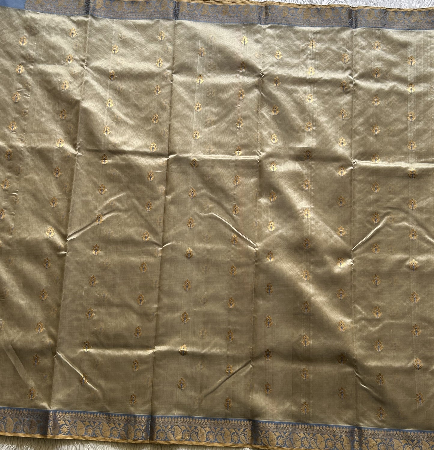 Chanderi Silk Saree Light Beige color Elegantly Paired with a Gold Zari Border - Sampradaya Designer Studio