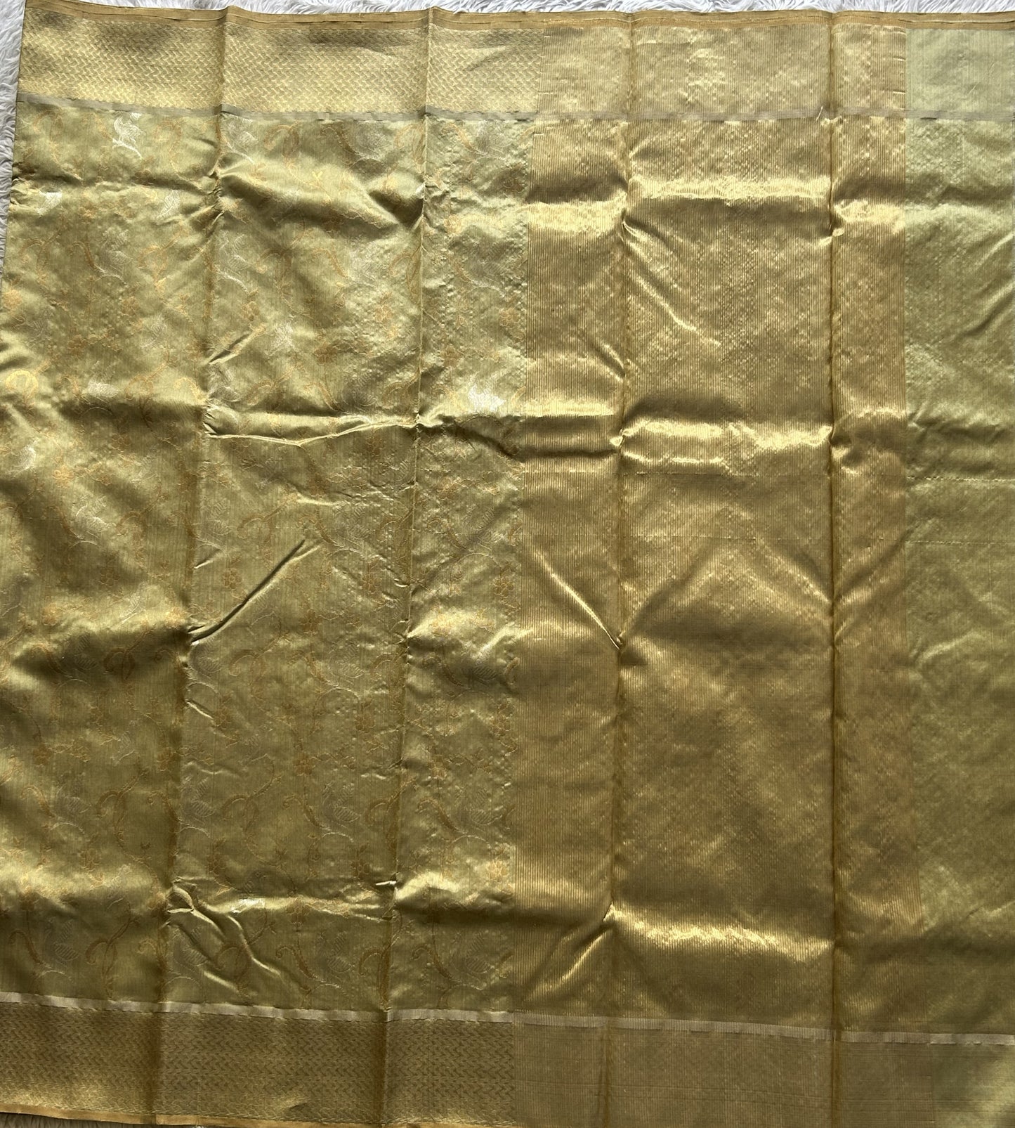 Chanderi Silk Saree Pista Green color Elegantly Paired with a Gold Zari Border - Sampradaya Designer Studio