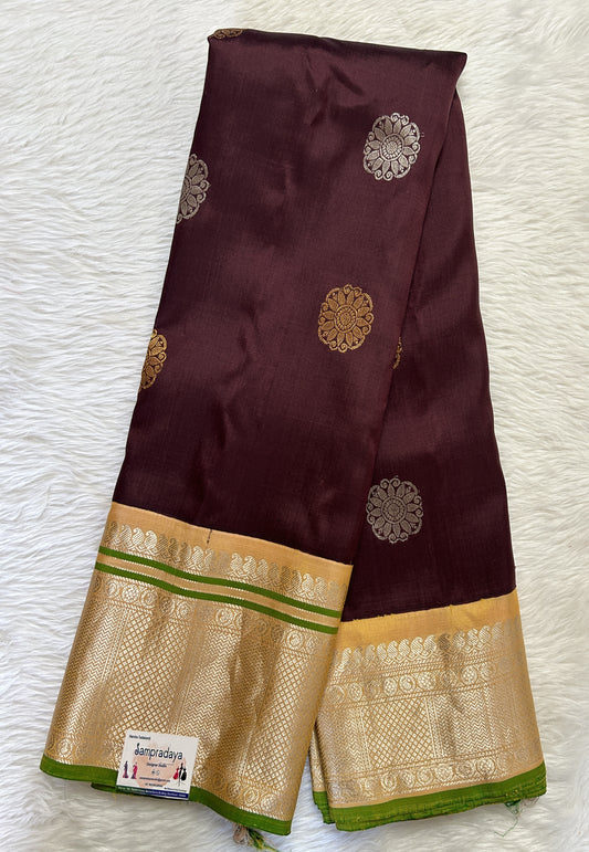 Gadwal Pattu Saree Brown Colored Complemented With a Pattu Pastel Orange Color Kanchi Border - Sampradaya Designer Studio