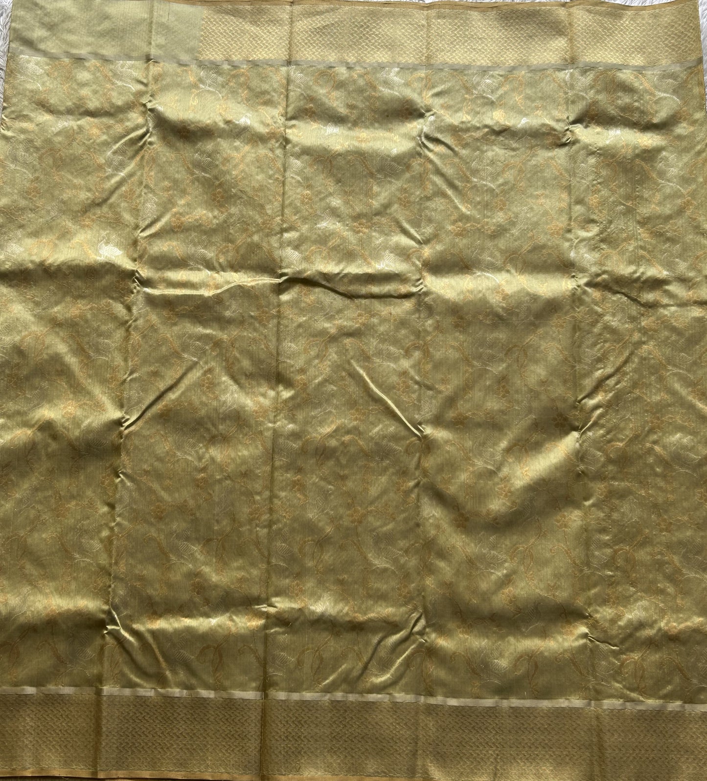 Chanderi Silk Saree Pista Green color Elegantly Paired with a Gold Zari Border - Sampradaya Designer Studio