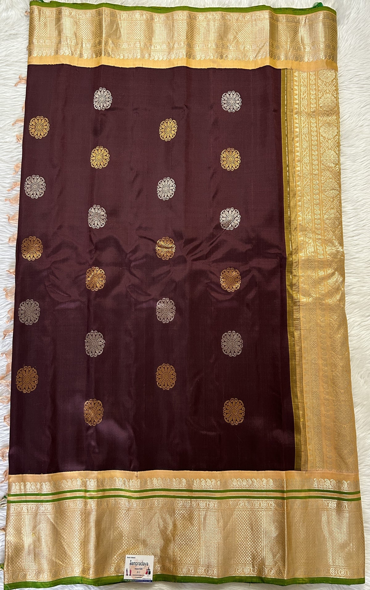 Gadwal Pattu Saree Brown Colored Complemented With a Pattu Pastel Oran ...