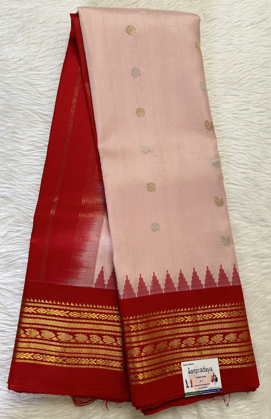 Gadwal Pattu Saree Pastel Pink Colored Complemented With a Pattu Red Color Kanchi Border - Sampradaya Designer Studio