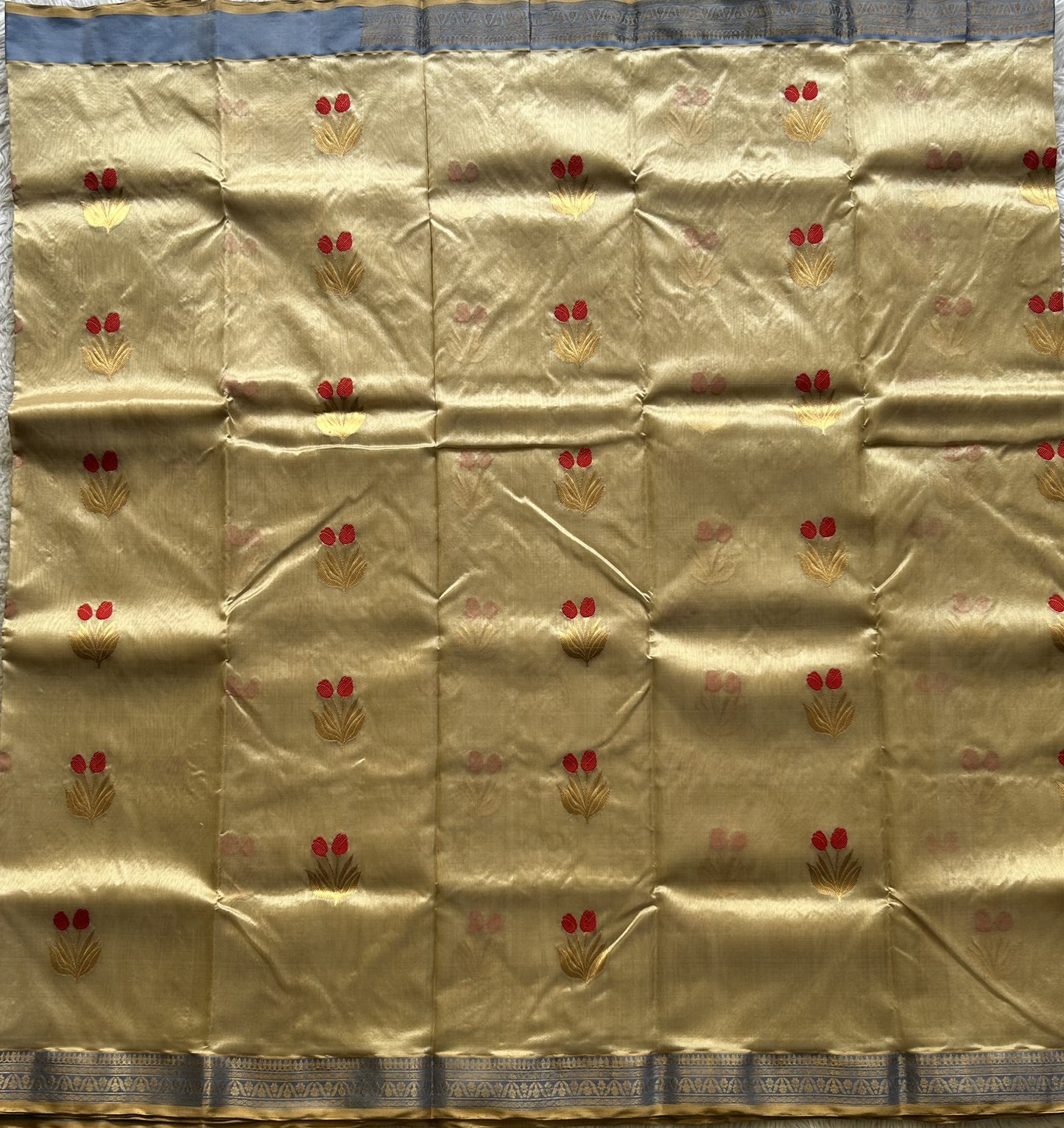 Chanderi Silk Saree Sand color Elegantly Paired with a Gold Zari Border - Sampradaya Designer Studio