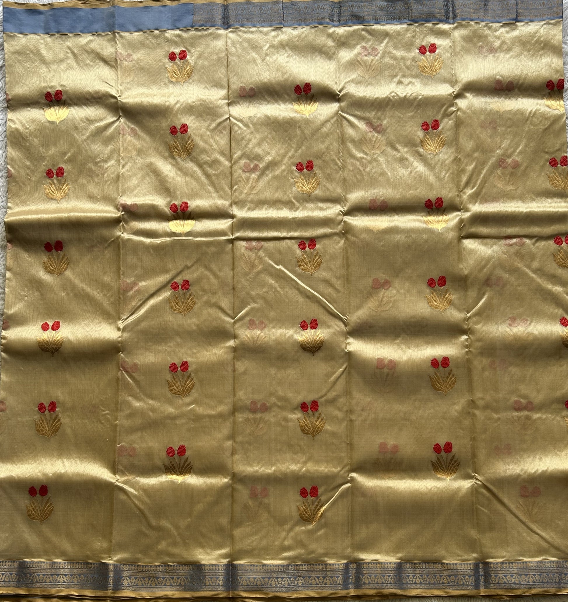 Chanderi Silk Saree Sand color Elegantly Paired with a Gold Zari Border - Sampradaya Designer Studio
