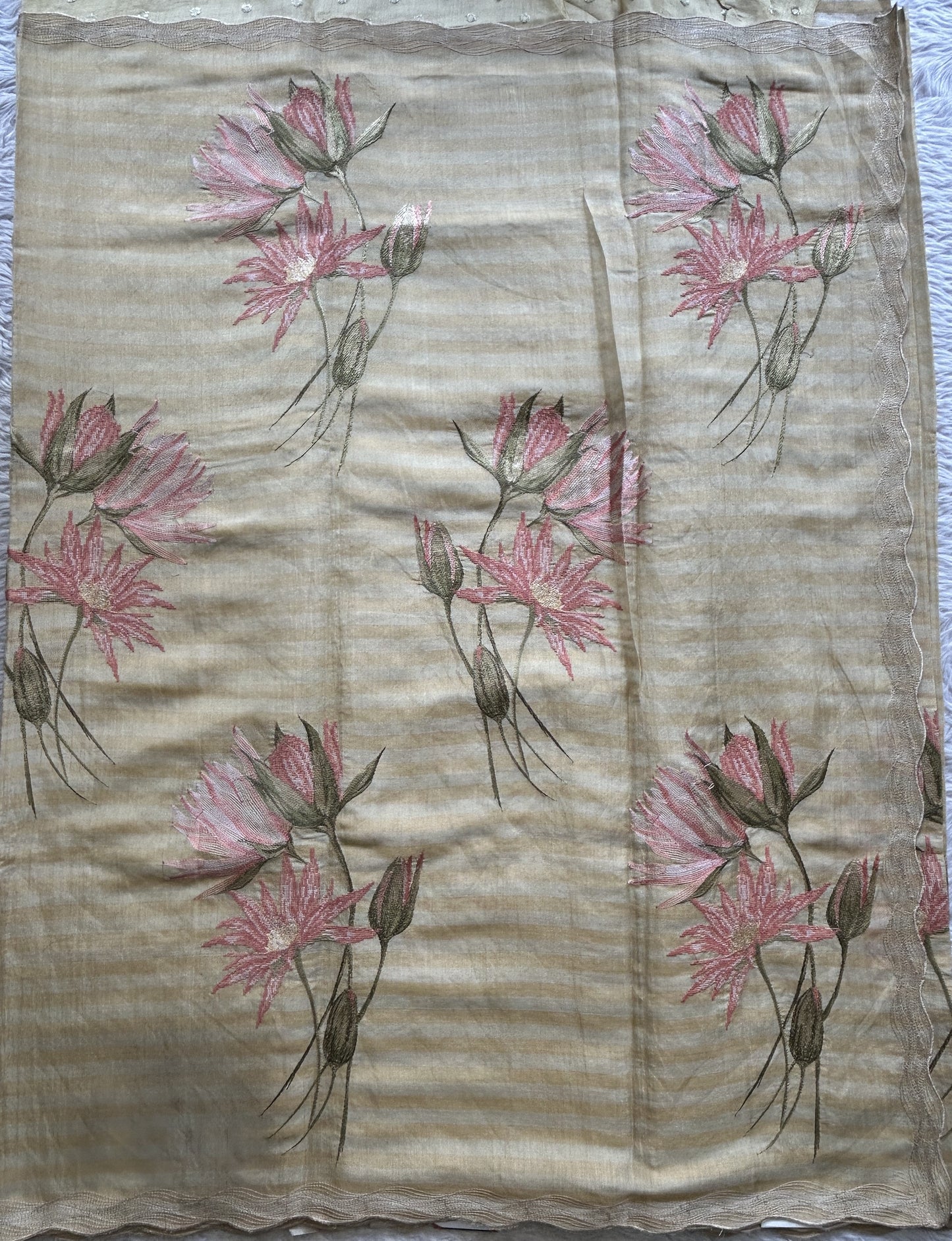 Chiniya Silk Kora Saree Beige Colored Exquisite with a Cutwork Border. - Sampradaya Designer Studio