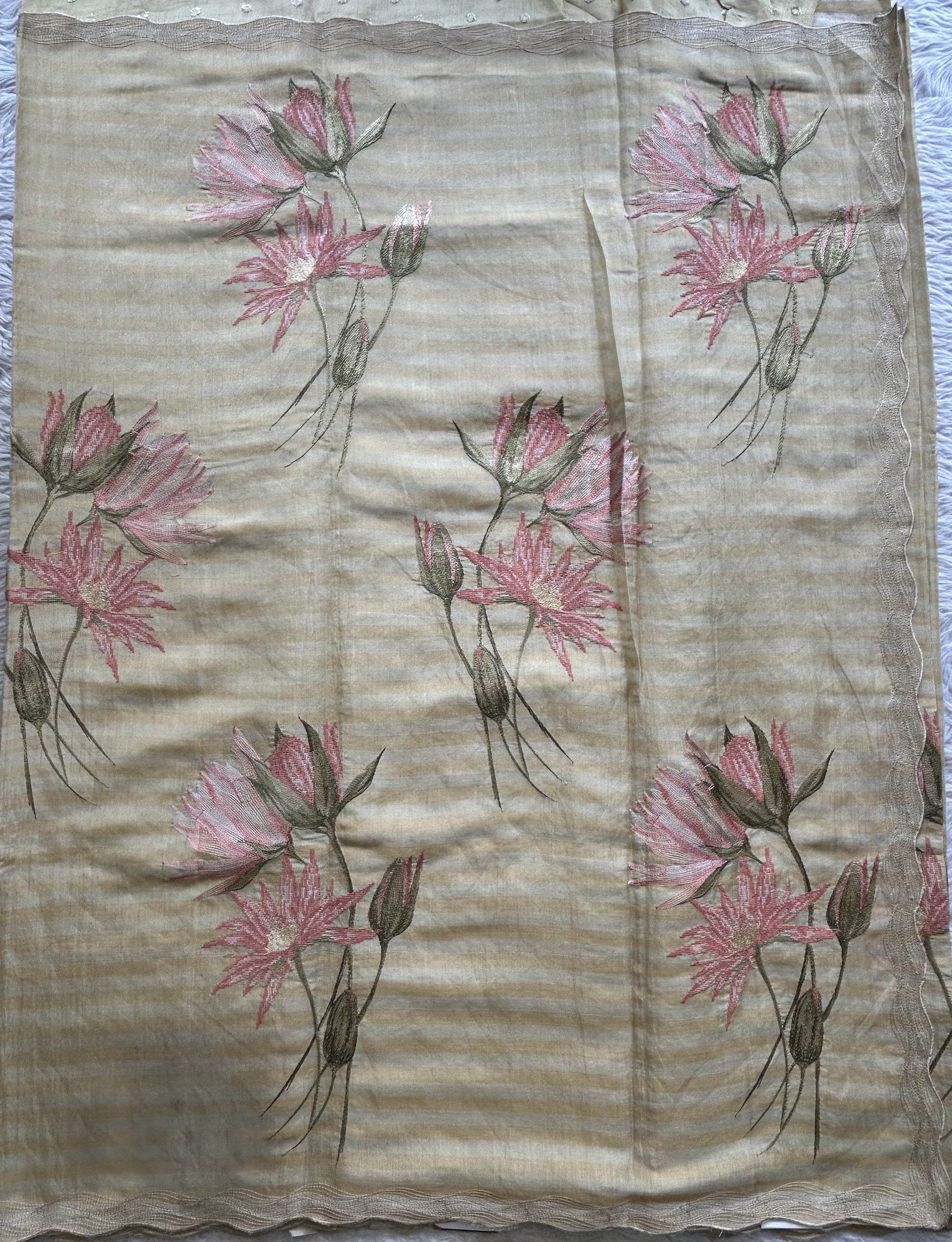 Chiniya Silk Kora Saree Beige Colored Exquisite with a Cutwork Border. - Sampradaya Designer Studio