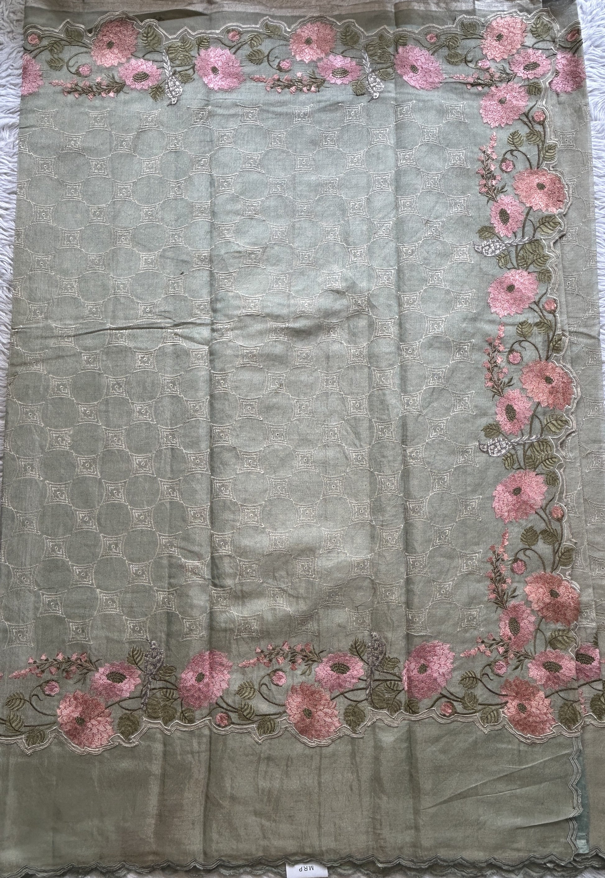 Chiniya Silk Kora Saree Light Gray Colored Exquisite with a Cutwork Border. - Sampradaya Designer Studio