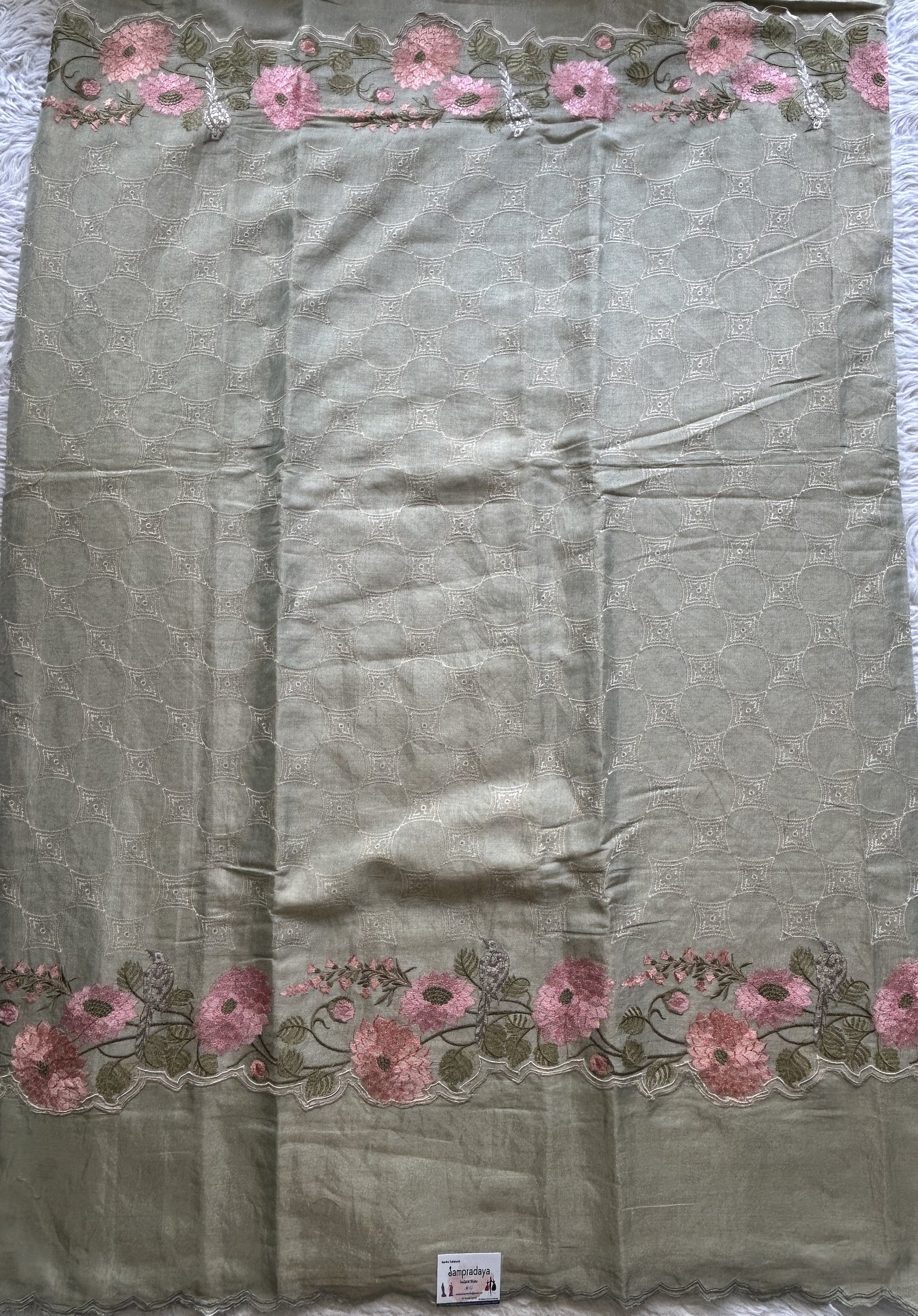 Chiniya Silk Kora Saree Light Gray Colored Exquisite with a Cutwork Border. - Sampradaya Designer Studio