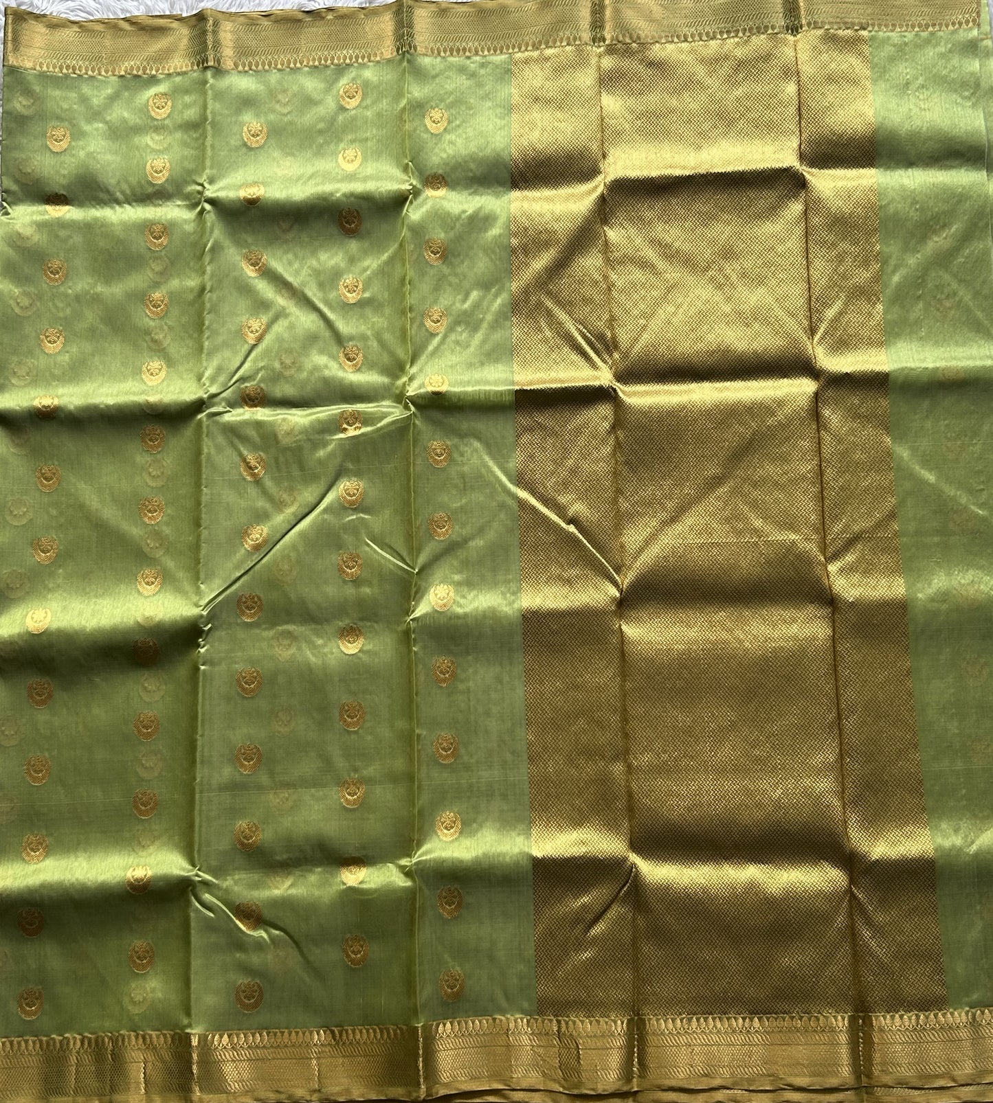 Chanderi Silk Saree Mint Green color Elegantly Paired with a Gold Zari Border - Sampradaya Designer Studio