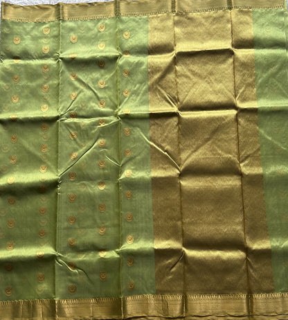 Chanderi Silk Saree Mint Green color Elegantly Paired with a Gold Zari Border - Sampradaya Designer Studio