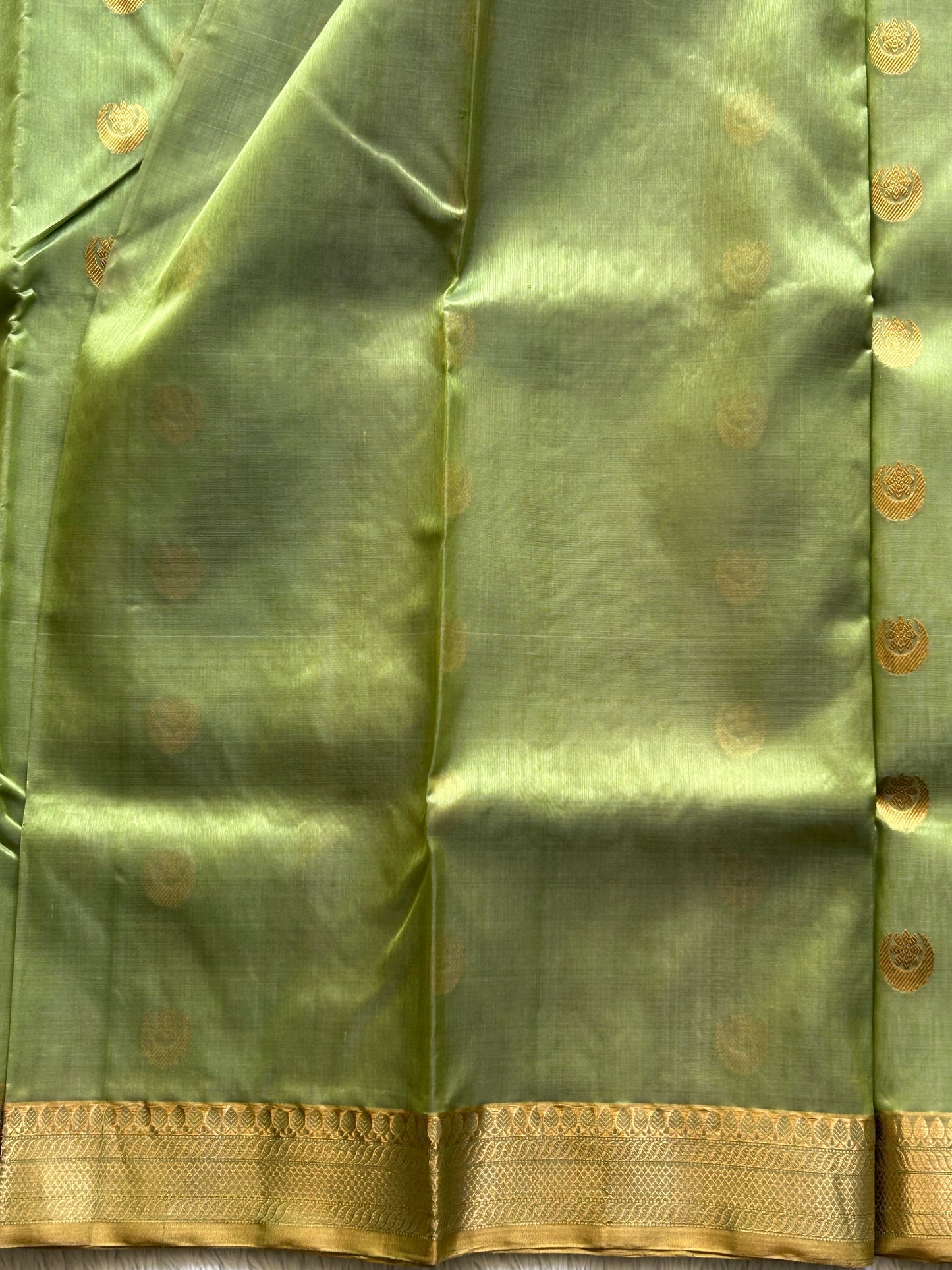 Chanderi Silk Saree Mint Green color Elegantly Paired with a Gold Zari Border - Sampradaya Designer Studio