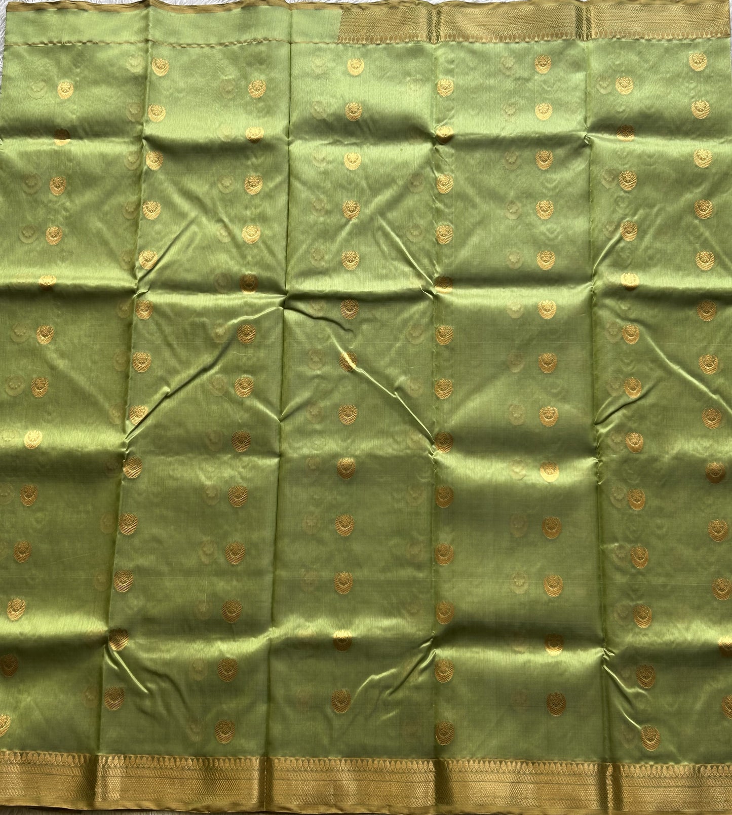 Chanderi Silk Saree Mint Green color Elegantly Paired with a Gold Zari Border - Sampradaya Designer Studio