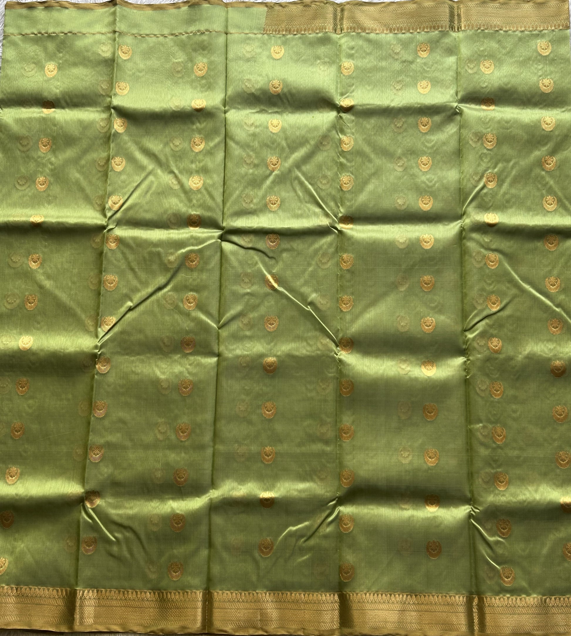 Chanderi Silk Saree Mint Green color Elegantly Paired with a Gold Zari Border - Sampradaya Designer Studio