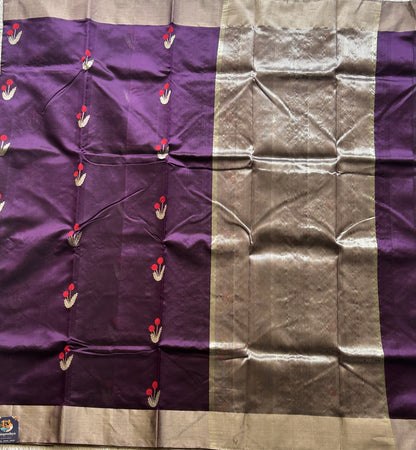 Chanderi Silk Saree Purple color Elegantly Paired with a Silver Zari border - Sampradaya Designer Studio