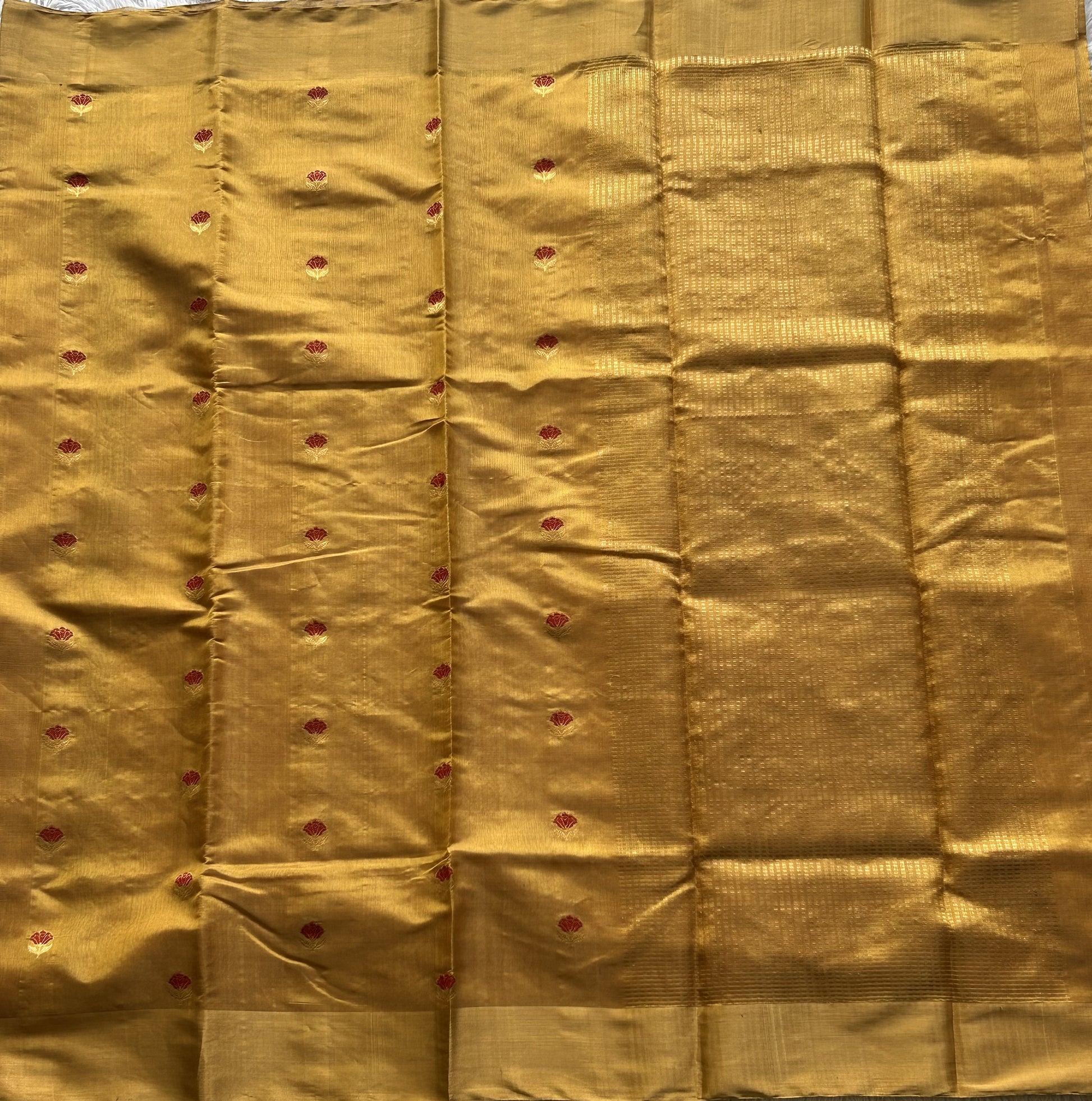 Chanderi Tissue Saree Mustard Yellow color Elegantly Paired with a Gold Zari Border - Sampradaya Designer Studio