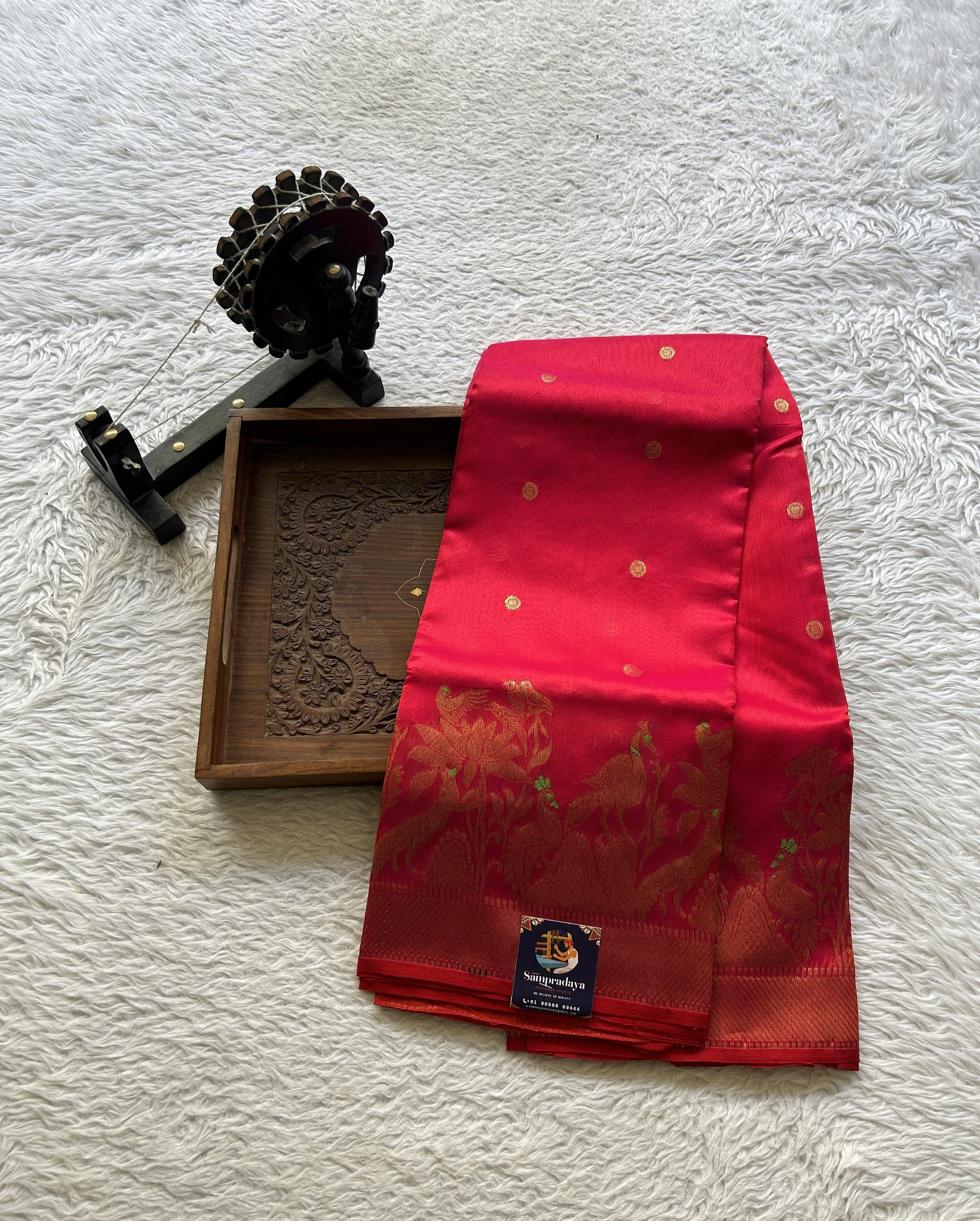 Chanderi Silk Saree Red color Elegantly Paired with a Minakari border - Sampradaya Designer Studio