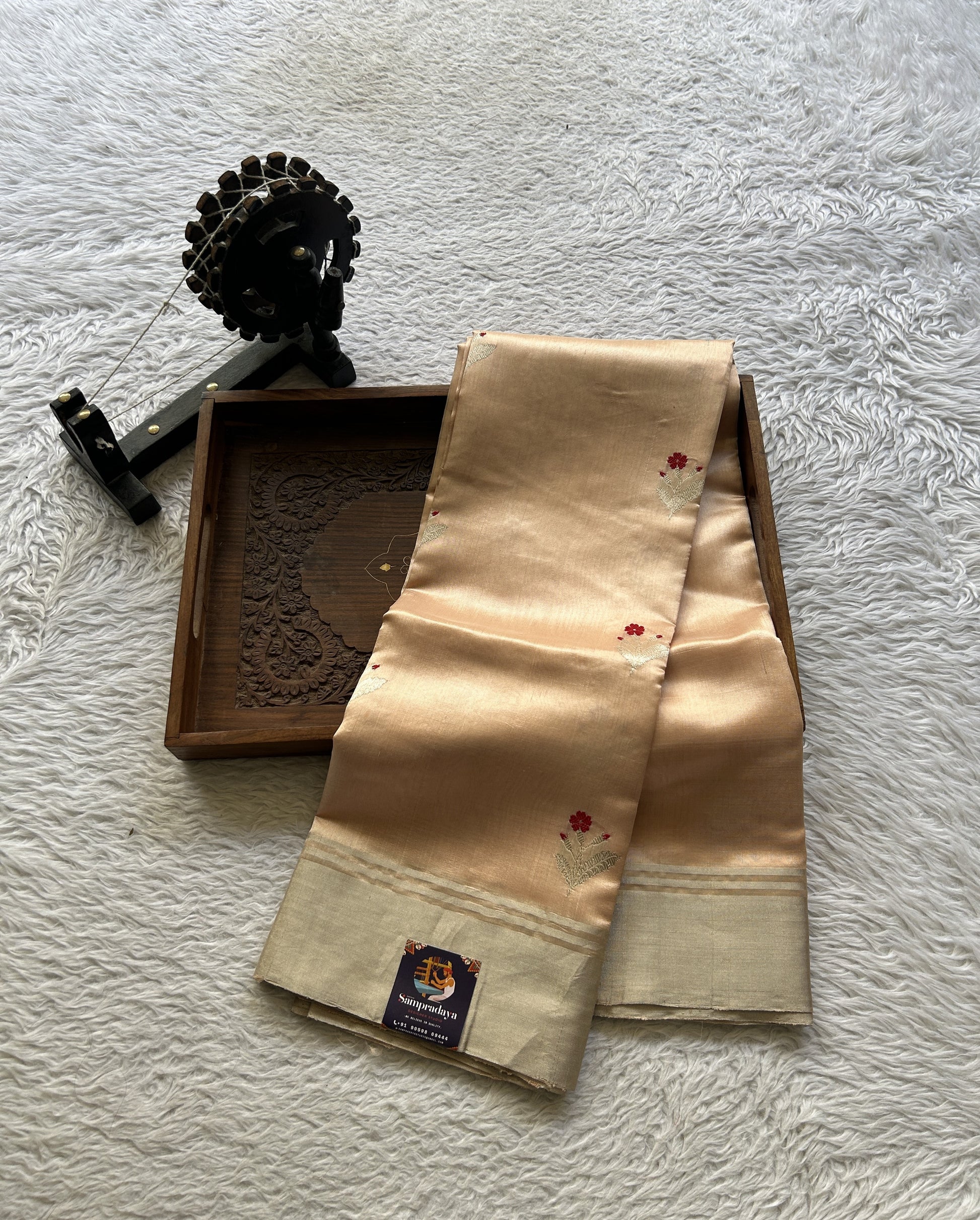 Chanderi Silk Saree Light Peach color Elegantly Paired with a Zari border - Sampradaya Designer Studio