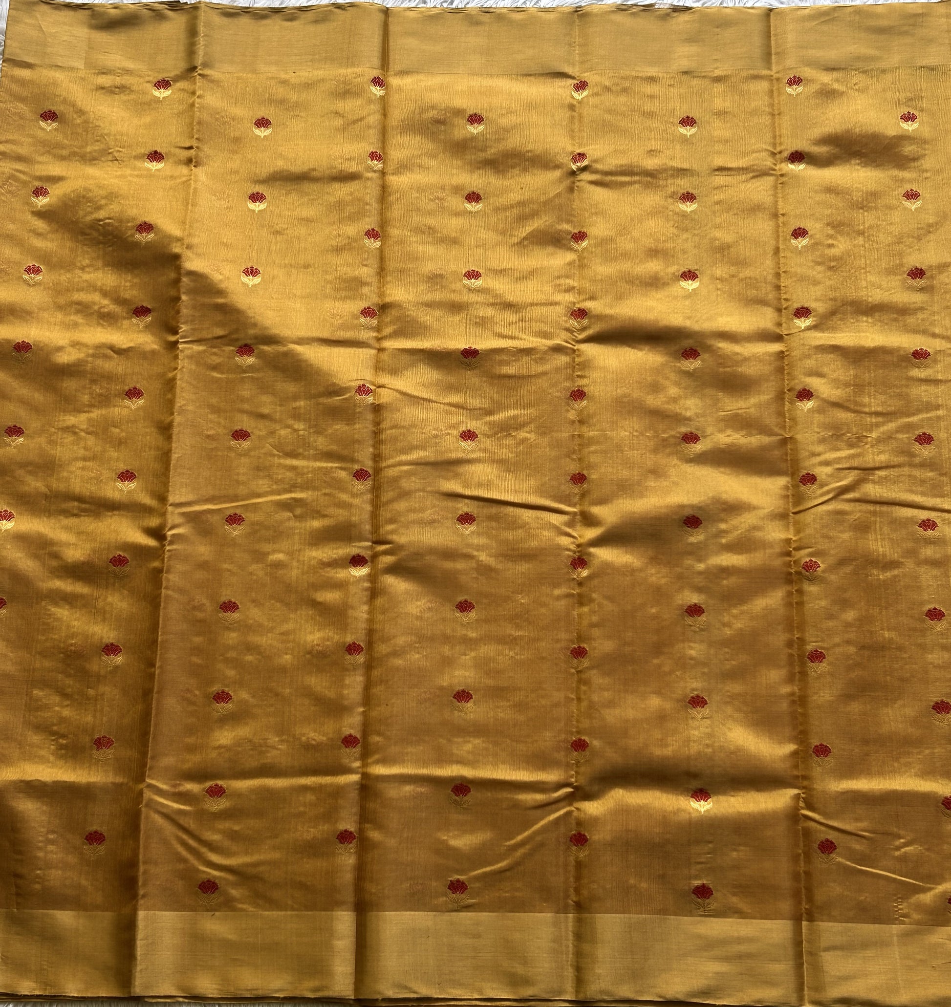 Chanderi Tissue Saree Mustard Yellow color Elegantly Paired with a Gold Zari Border - Sampradaya Designer Studio