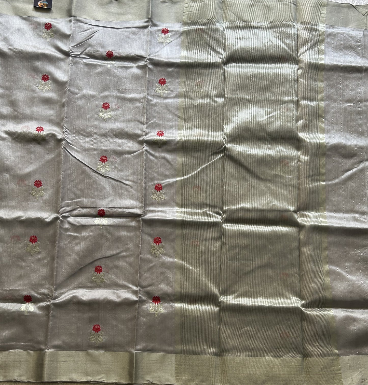 Chanderi Silk Saree scarlet Dave Gray color Elegantly Paired with a Silver Zari Border - Sampradaya Designer Studio