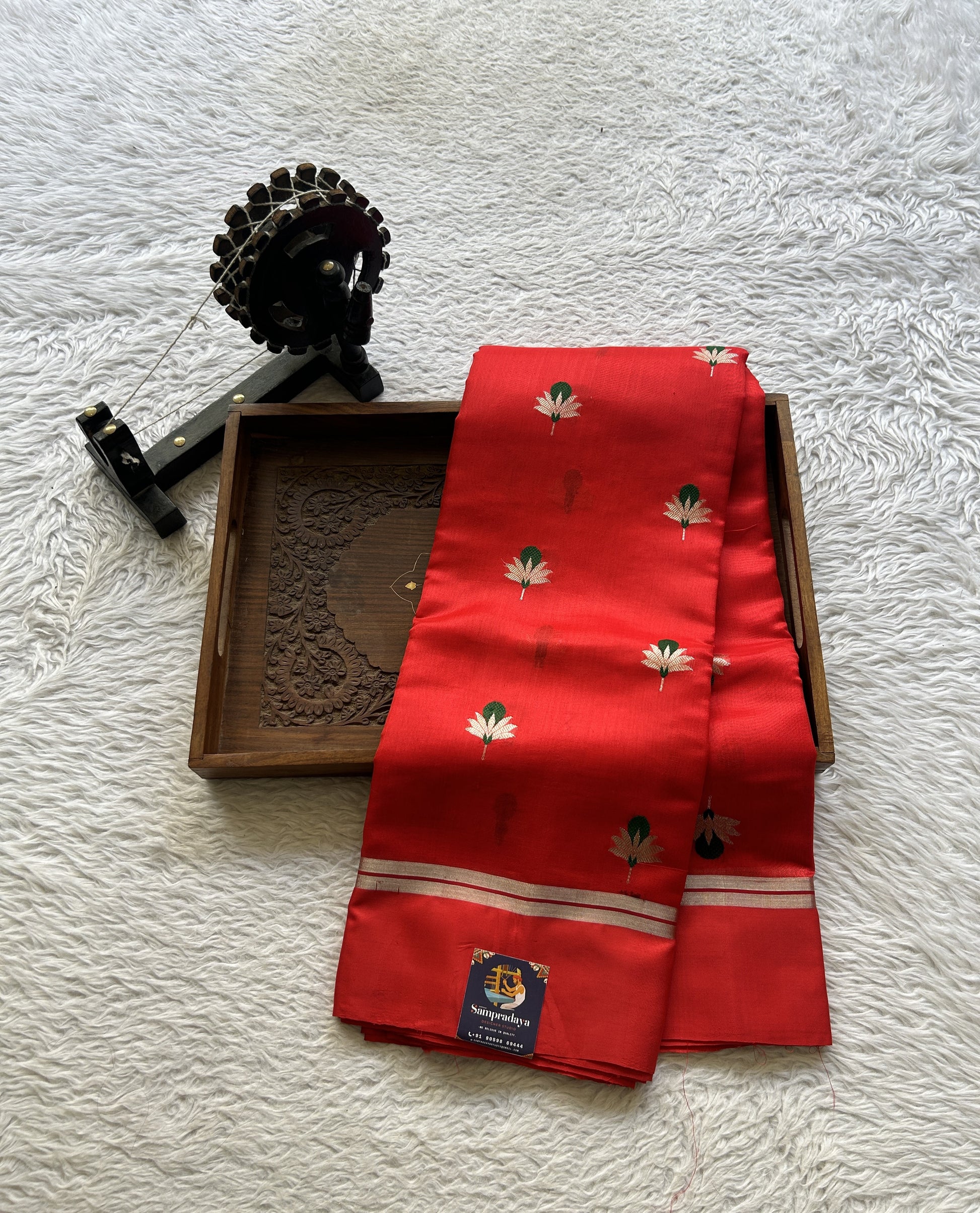 Chanderi Silk Saree Scarlet color Elegantly Paired with a Plain border - Sampradaya Designer Studio