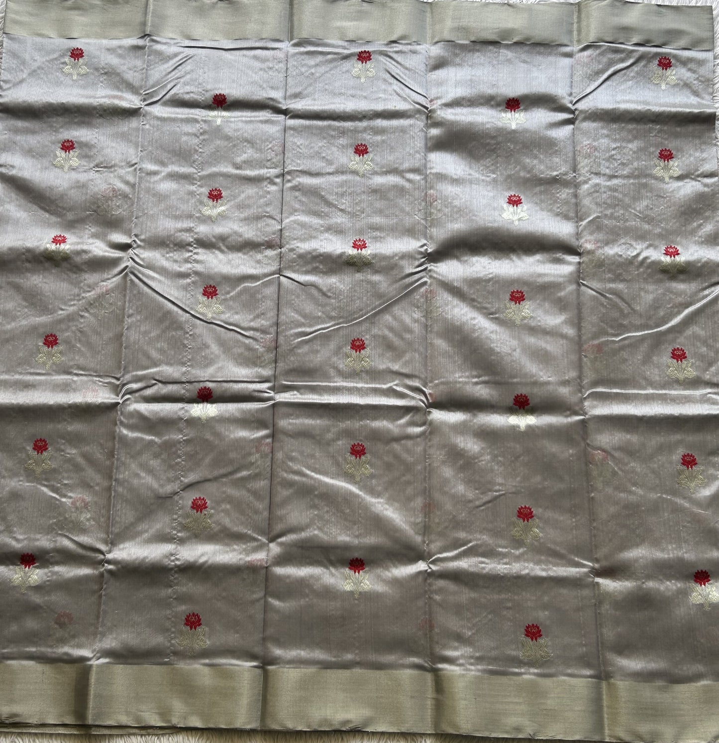 Chanderi Silk Saree scarlet Dave Gray color Elegantly Paired with a Silver Zari Border - Sampradaya Designer Studio