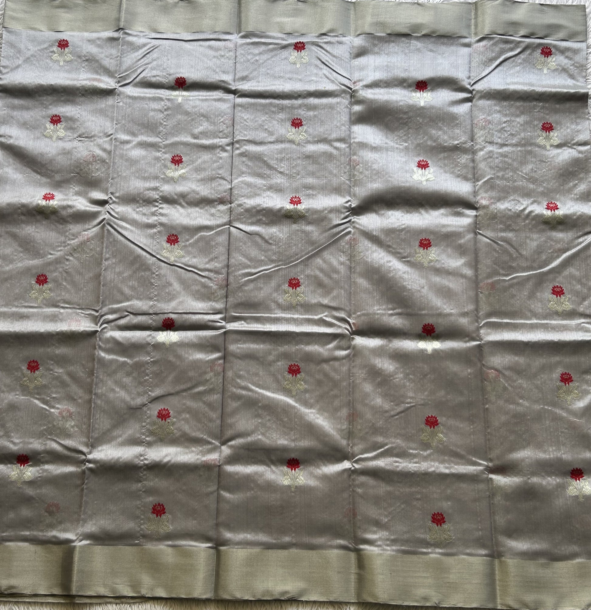 Chanderi Silk Saree scarlet Dave Gray color Elegantly Paired with a Silver Zari Border - Sampradaya Designer Studio