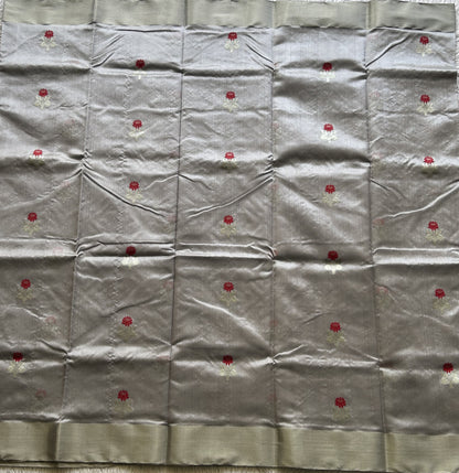 Chanderi Silk Saree scarlet Dave Gray color Elegantly Paired with a Silver Zari Border - Sampradaya Designer Studio