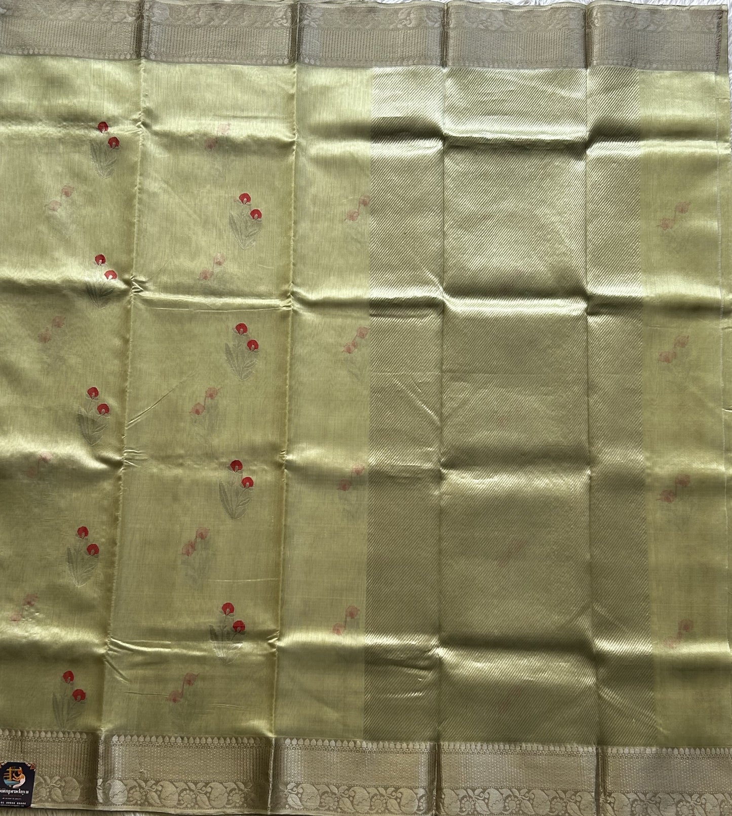 Chanderi Silk Saree scarlet Pista Green color Elegantly Paired with a Silver Zari Border - Sampradaya Designer Studio