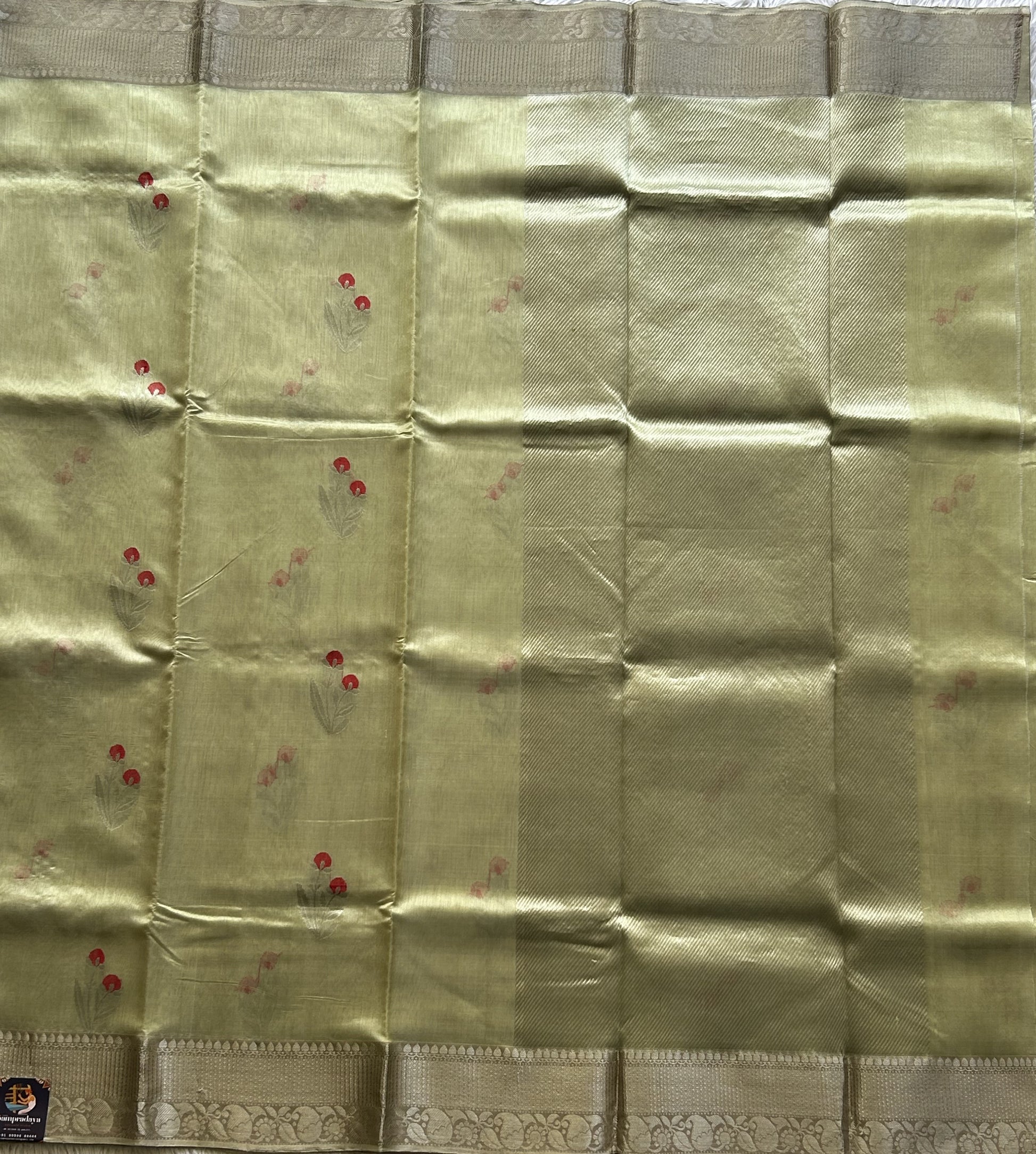 Chanderi Silk Saree scarlet Pista Green color Elegantly Paired with a Silver Zari Border - Sampradaya Designer Studio