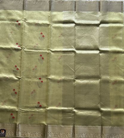 Chanderi Silk Saree scarlet Pista Green color Elegantly Paired with a Silver Zari Border - Sampradaya Designer Studio