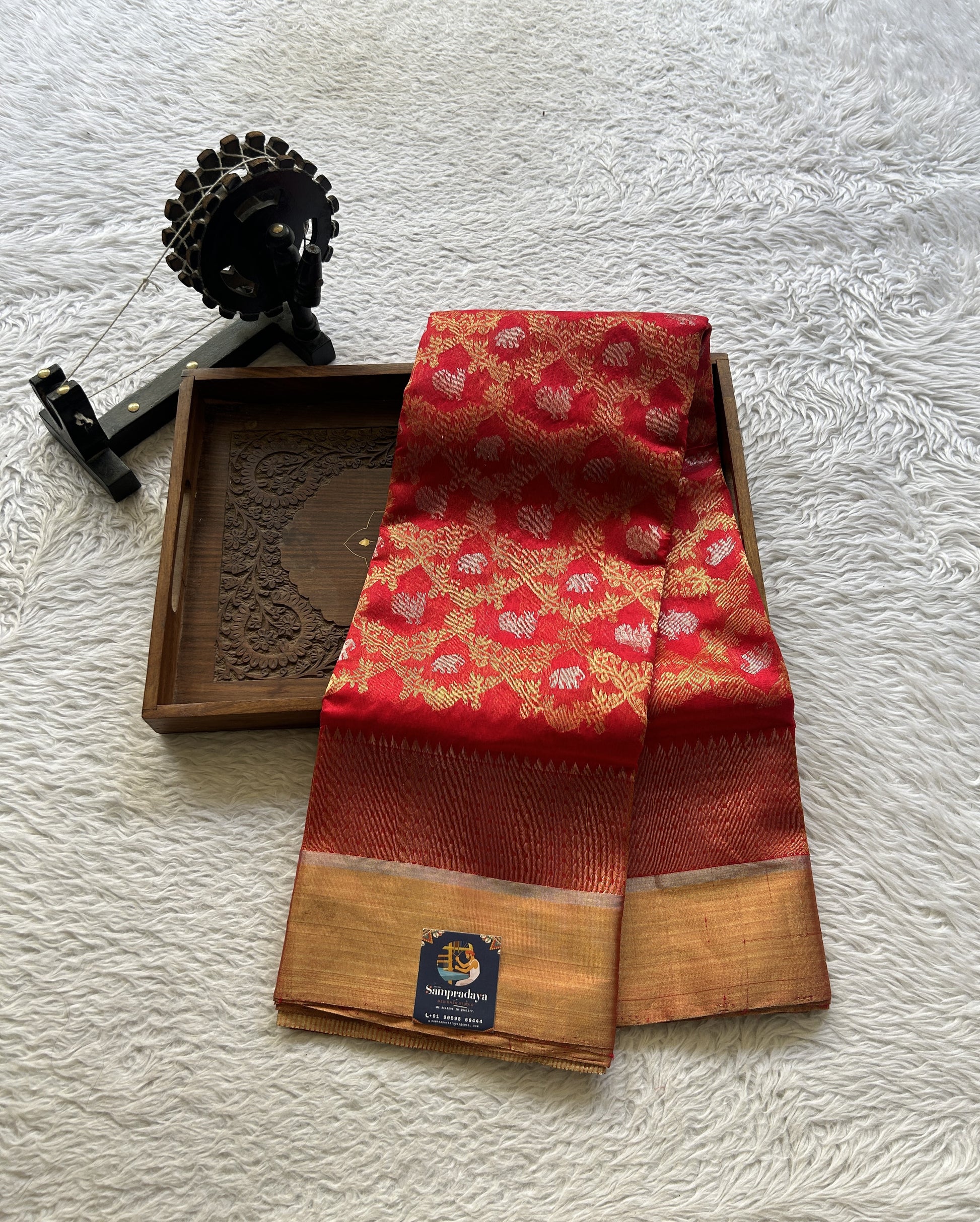 Chanderi Silk Allover Saree Rose Red color Elegantly Paired with a Zari border - Sampradaya Designer Studio