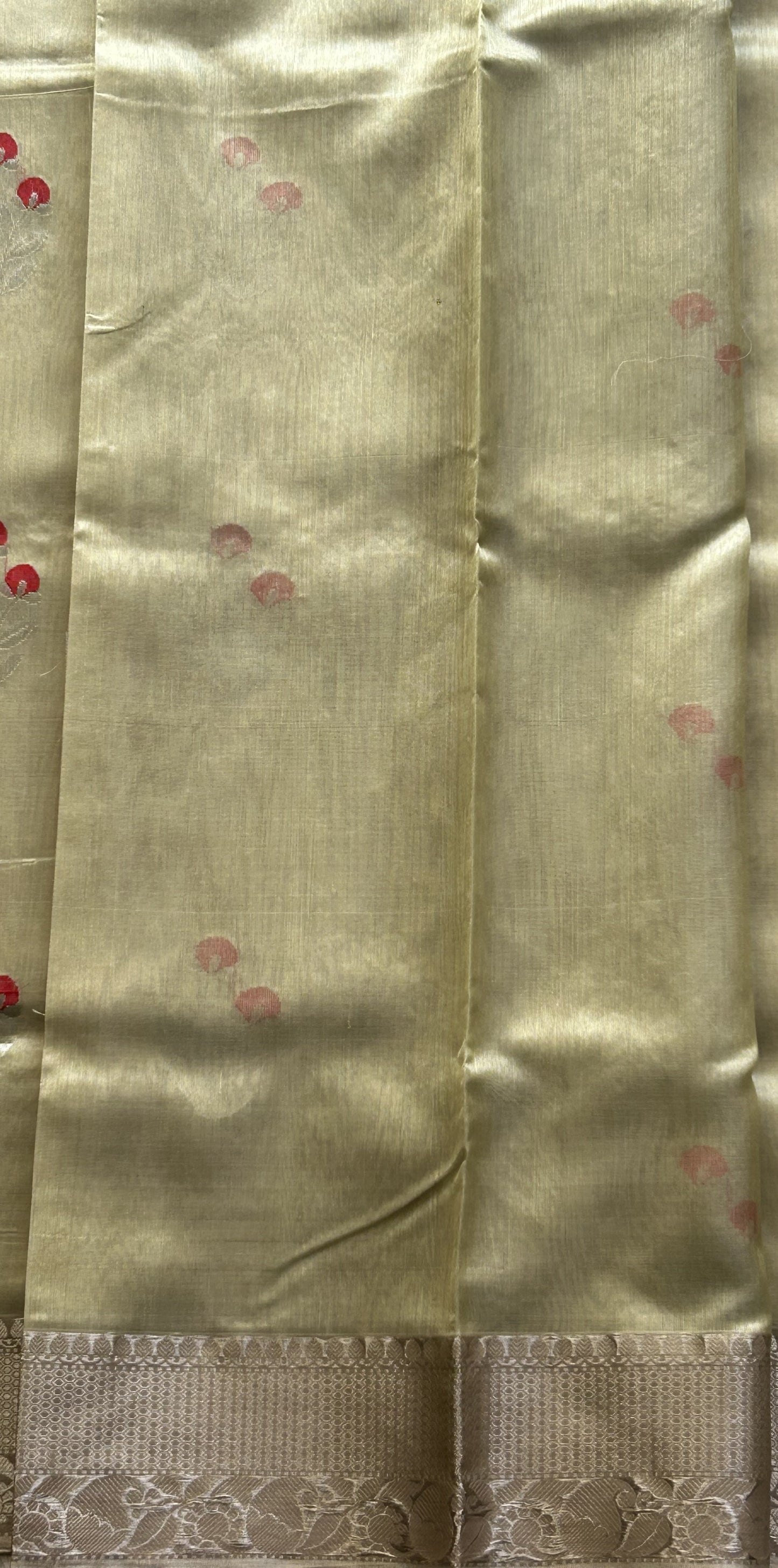 Chanderi Silk Saree scarlet Pista Green color Elegantly Paired with a Silver Zari Border - Sampradaya Designer Studio