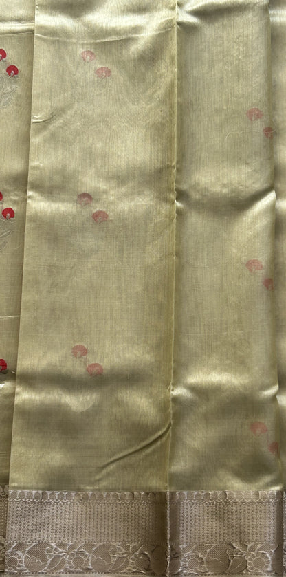Chanderi Silk Saree scarlet Pista Green color Elegantly Paired with a Silver Zari Border - Sampradaya Designer Studio