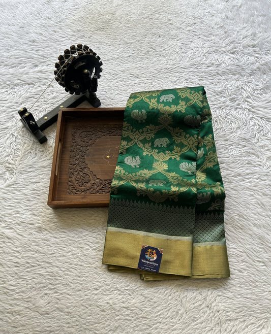 Chanderi Silk Allover Saree Green color Elegantly Paired with a Zari border - Sampradaya Designer Studio