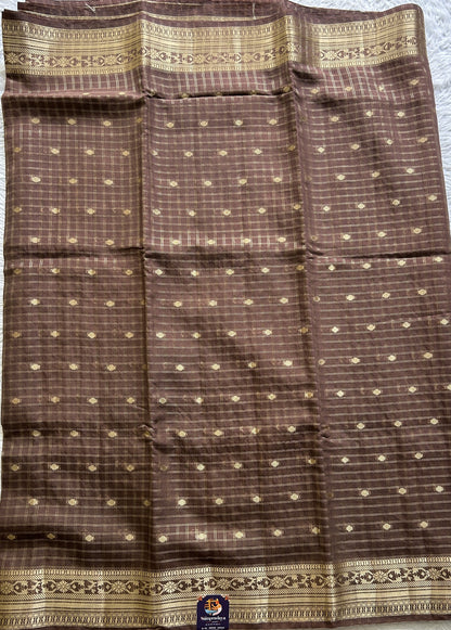 Semi Georgette Saree Brown Colored Complemented with a Zari Border. - Sampradaya Designer Studio
