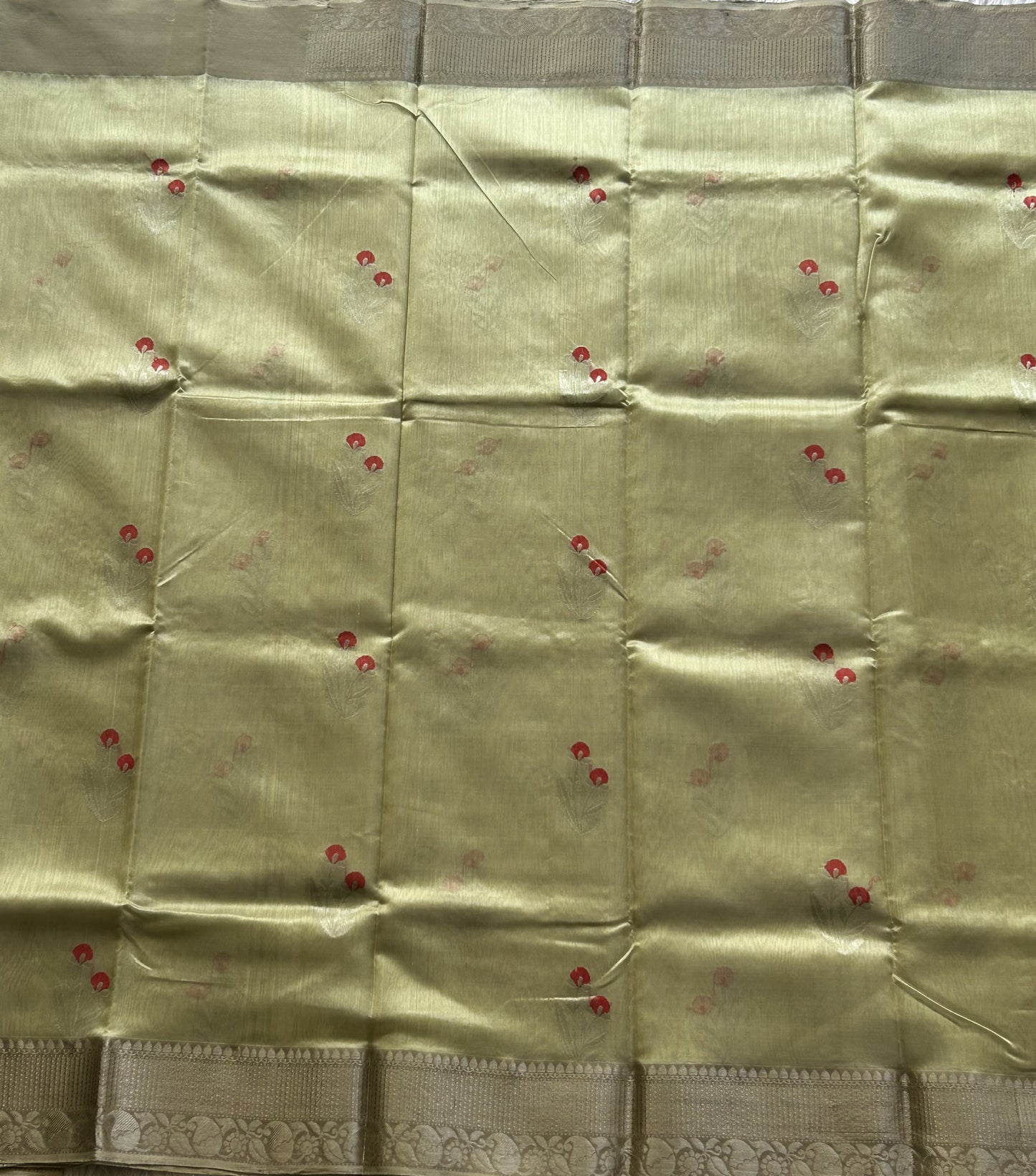 Chanderi Silk Saree scarlet Pista Green color Elegantly Paired with a Silver Zari Border - Sampradaya Designer Studio
