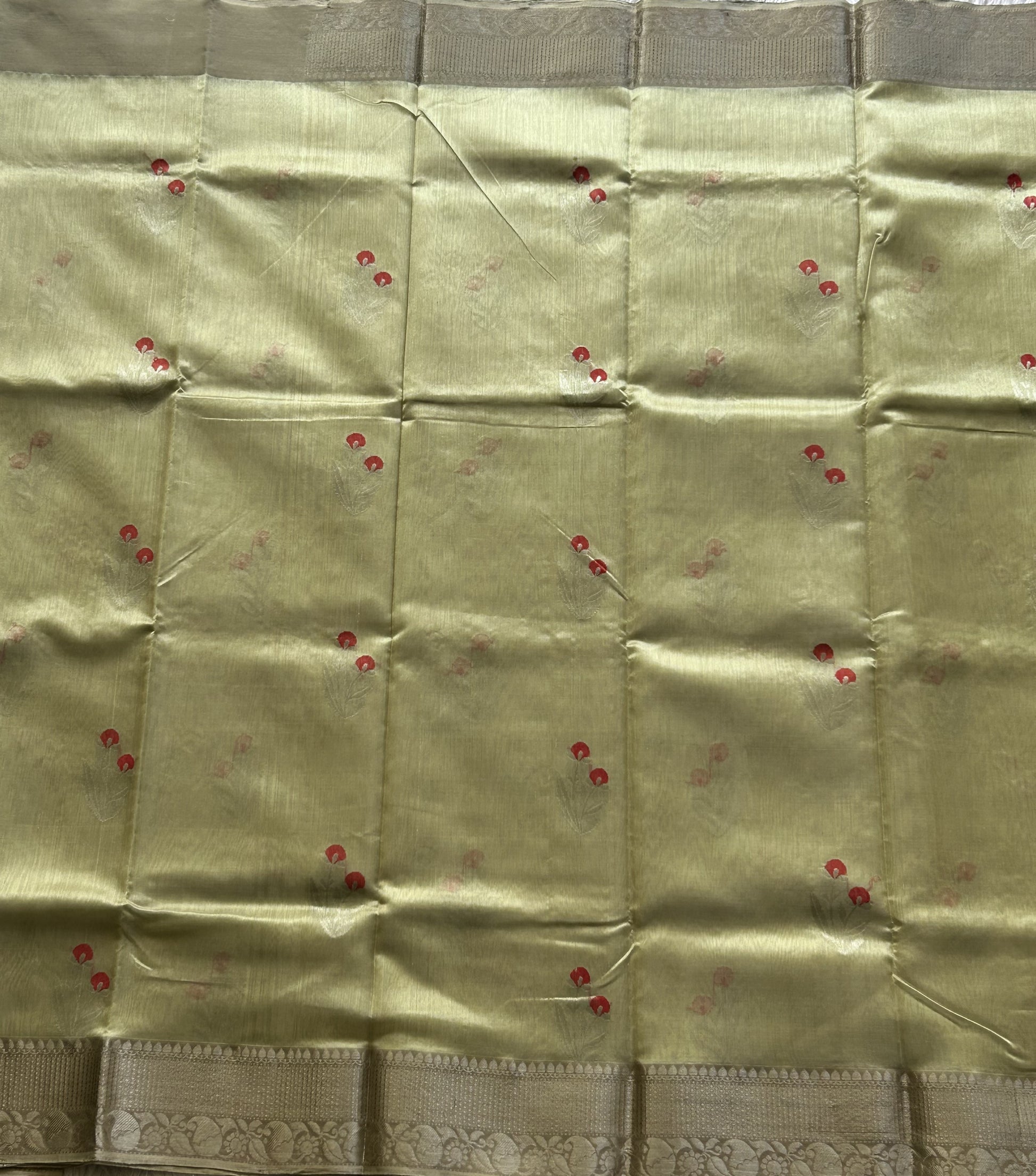 Chanderi Silk Saree scarlet Pista Green color Elegantly Paired with a Silver Zari Border - Sampradaya Designer Studio