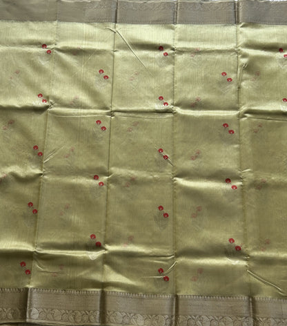 Chanderi Silk Saree scarlet Pista Green color Elegantly Paired with a Silver Zari Border - Sampradaya Designer Studio