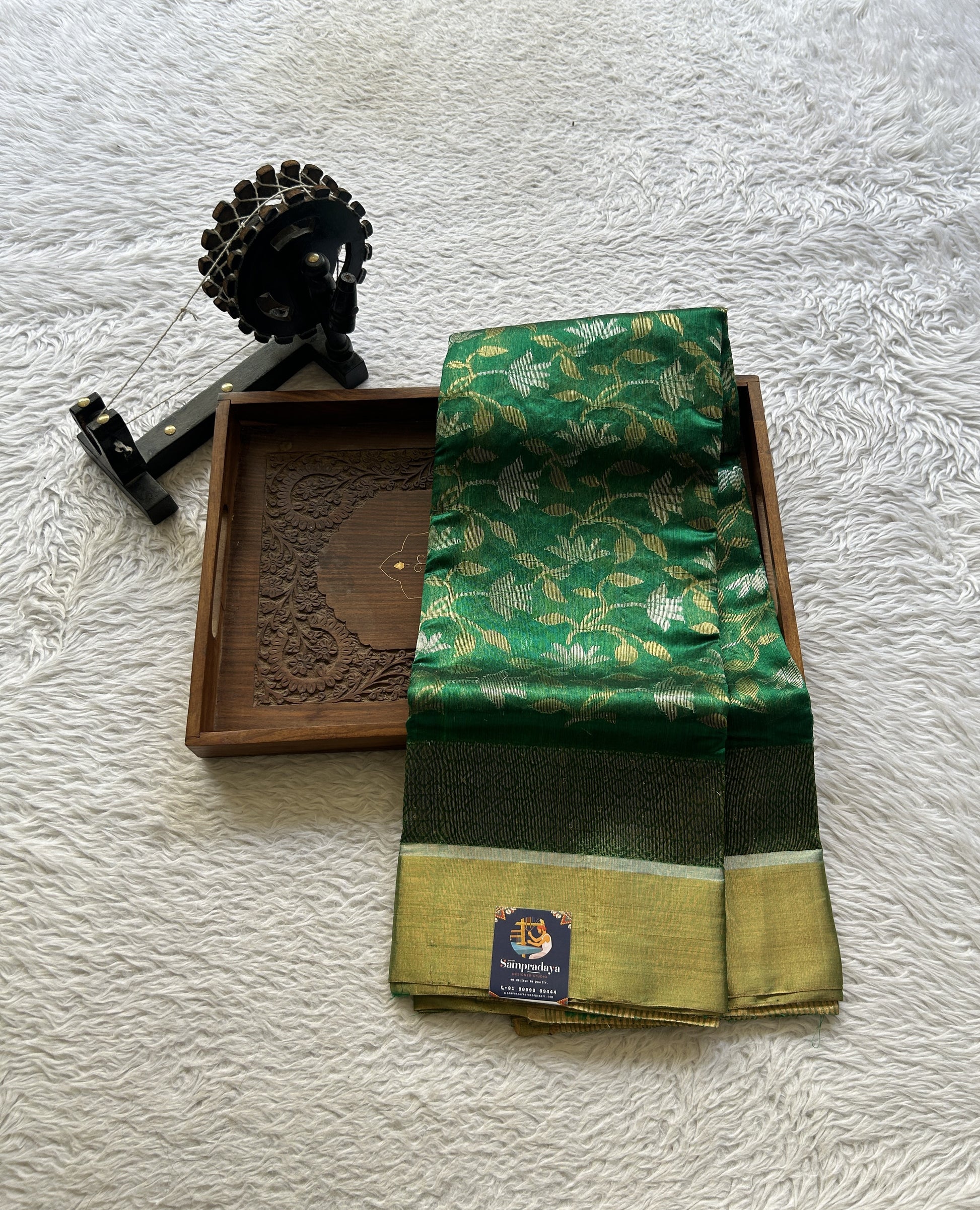 Chanderi Silk Allover Saree Dark Green color Elegantly Paired with a Zari border - Sampradaya Designer Studio